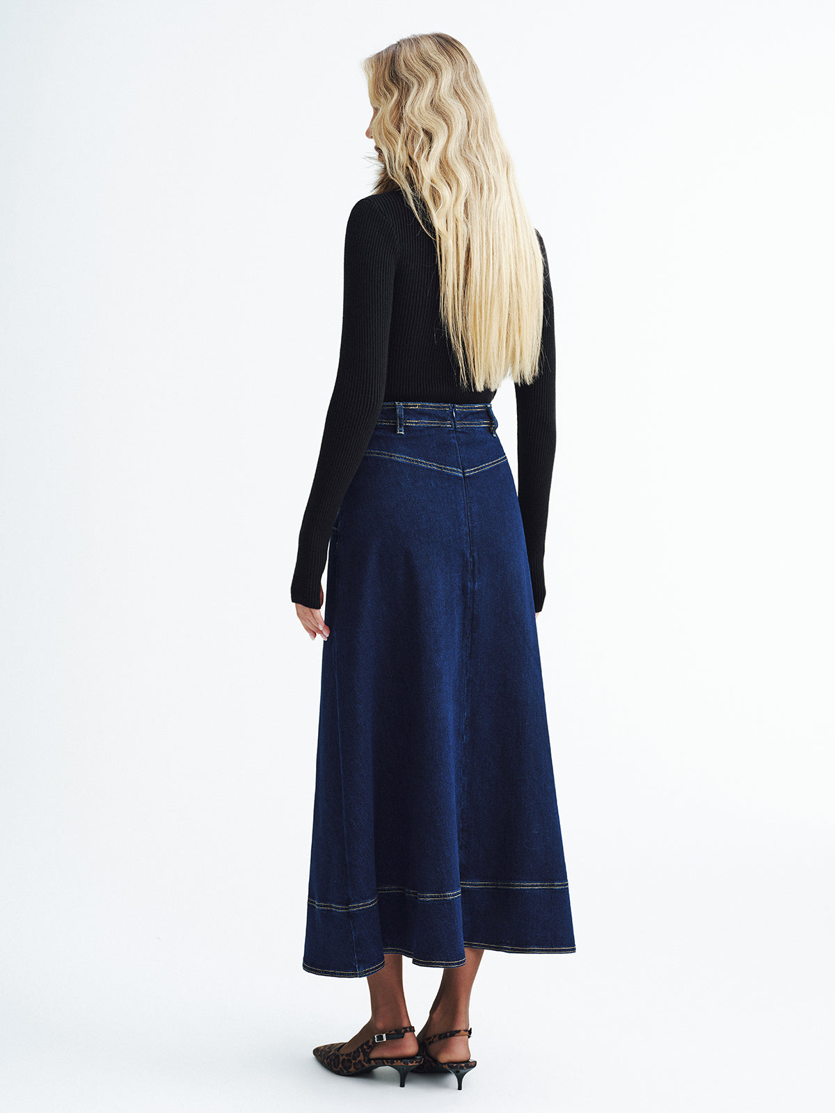 Metal Button Denim Midi Skirt