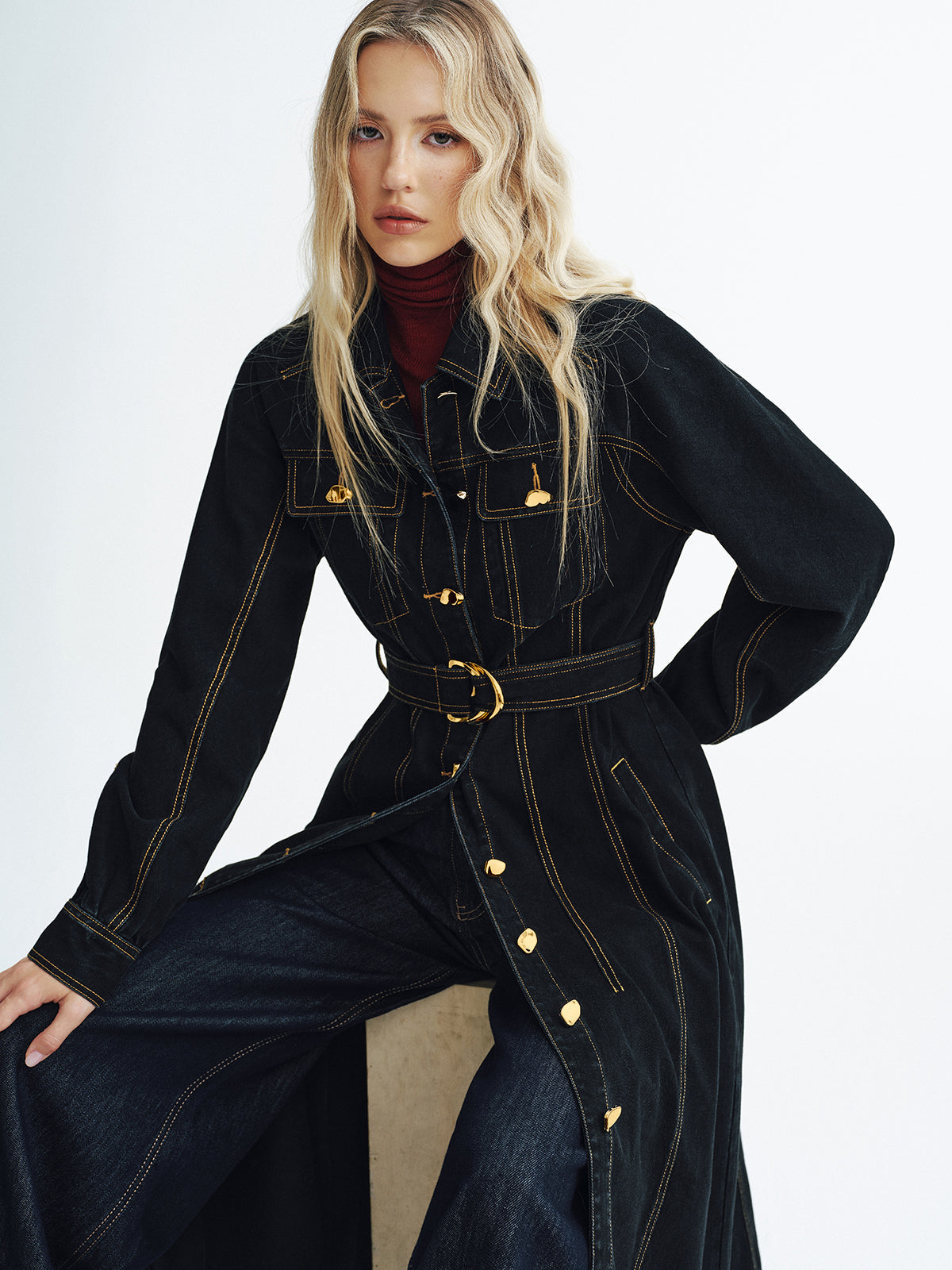 Metal Button Denim Belted Maxi Shirt Dress