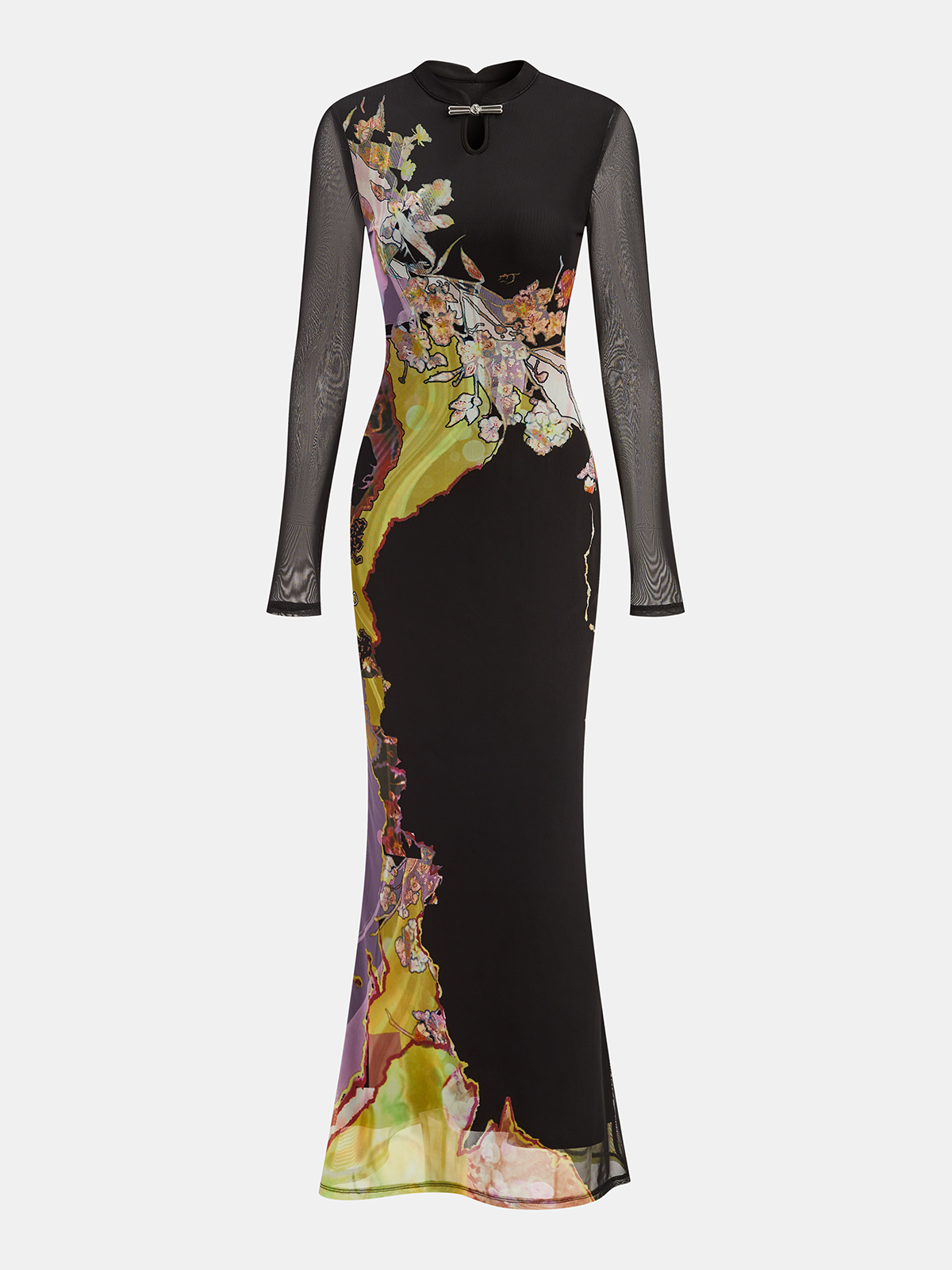 Robe longue en maille à manches longues et imprimé floral