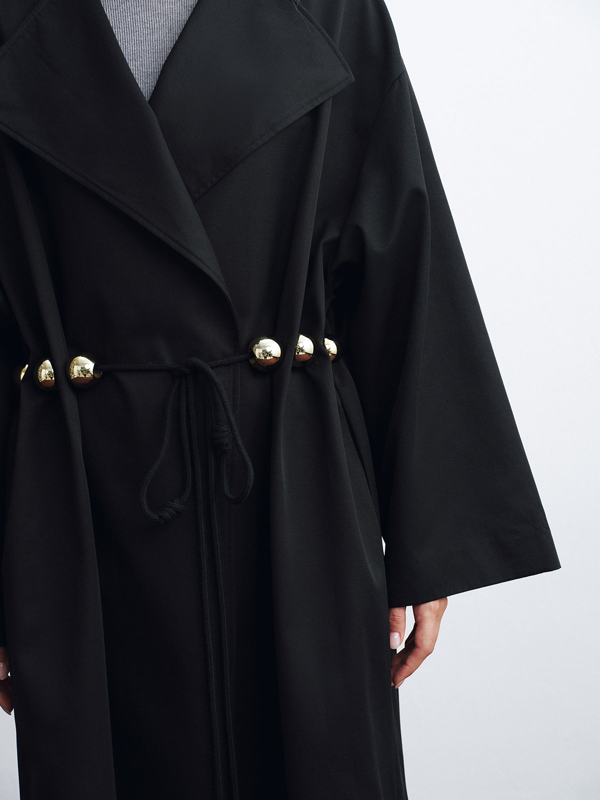 Metal Detail Tie-Belt Oversized Long Trench Coat