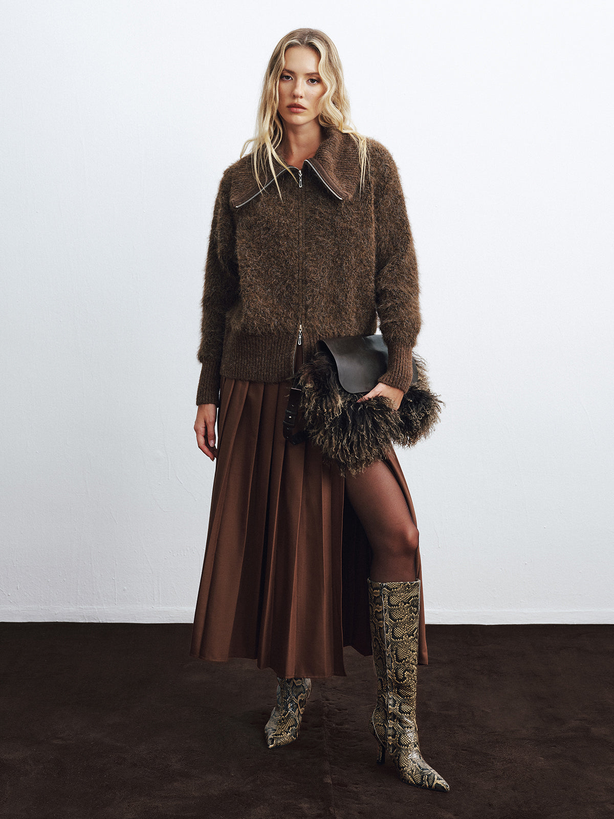 Oversized Collar Double-Zip Fuzzy Knit Jacket