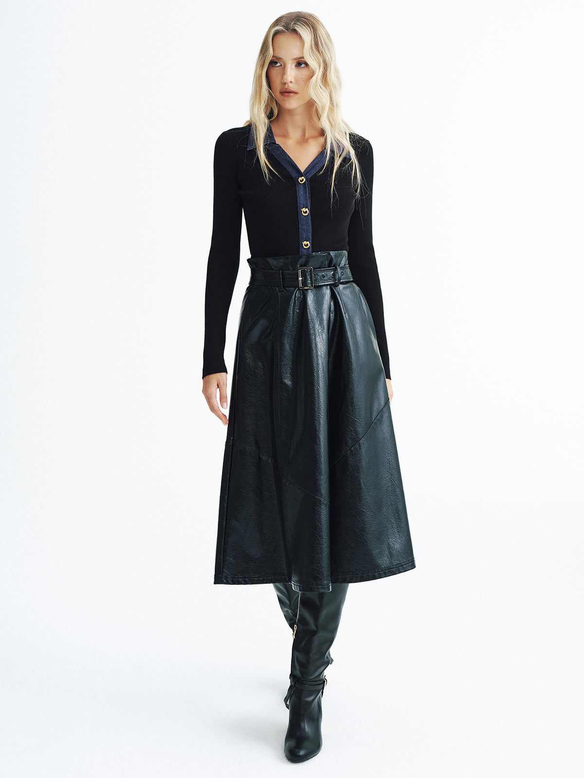 Denim Panel Ribbed Knit Cardigan