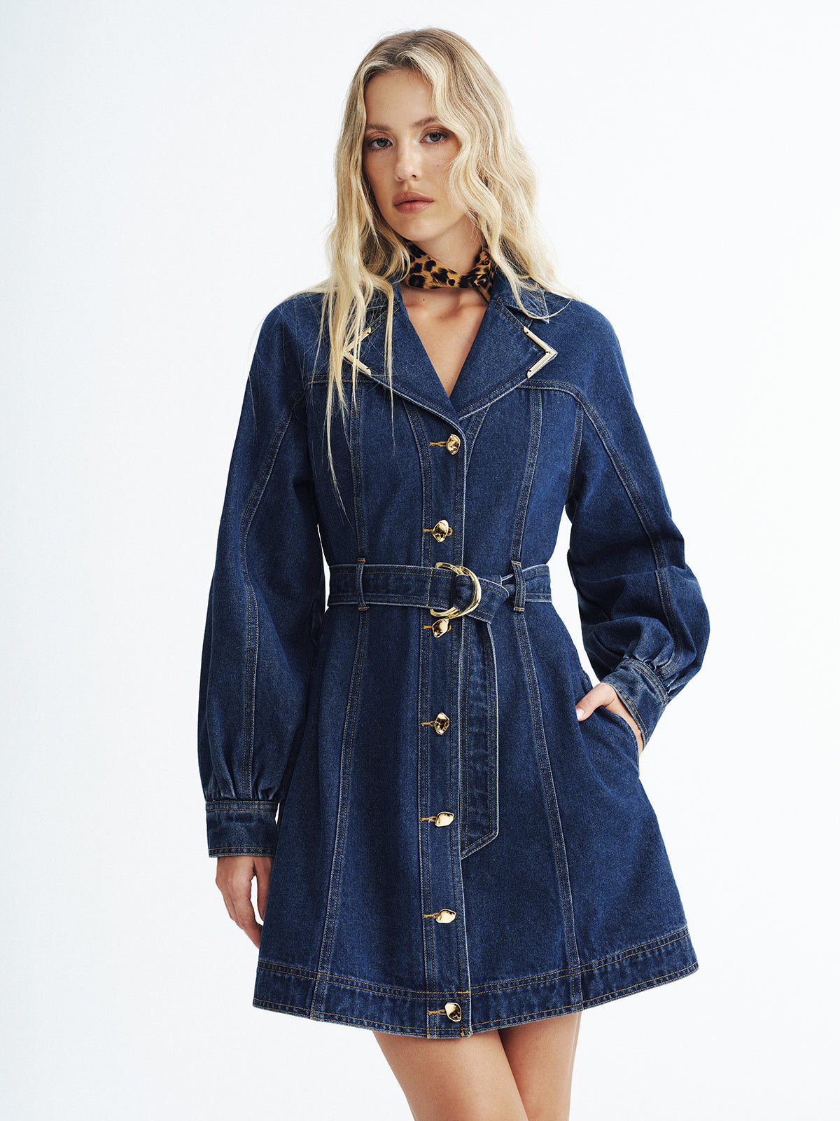 Metal Button Denim Belted Shirt Dress