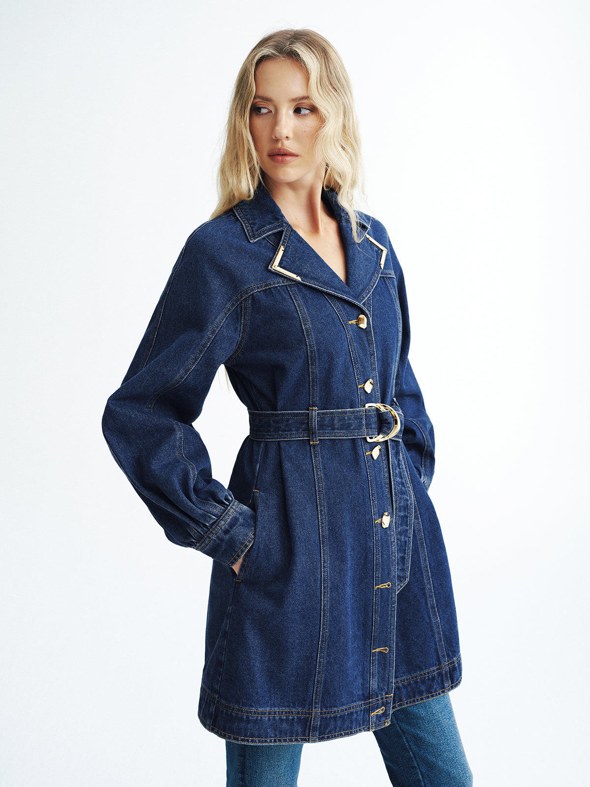 Metal Button Denim Belted Shirt Dress