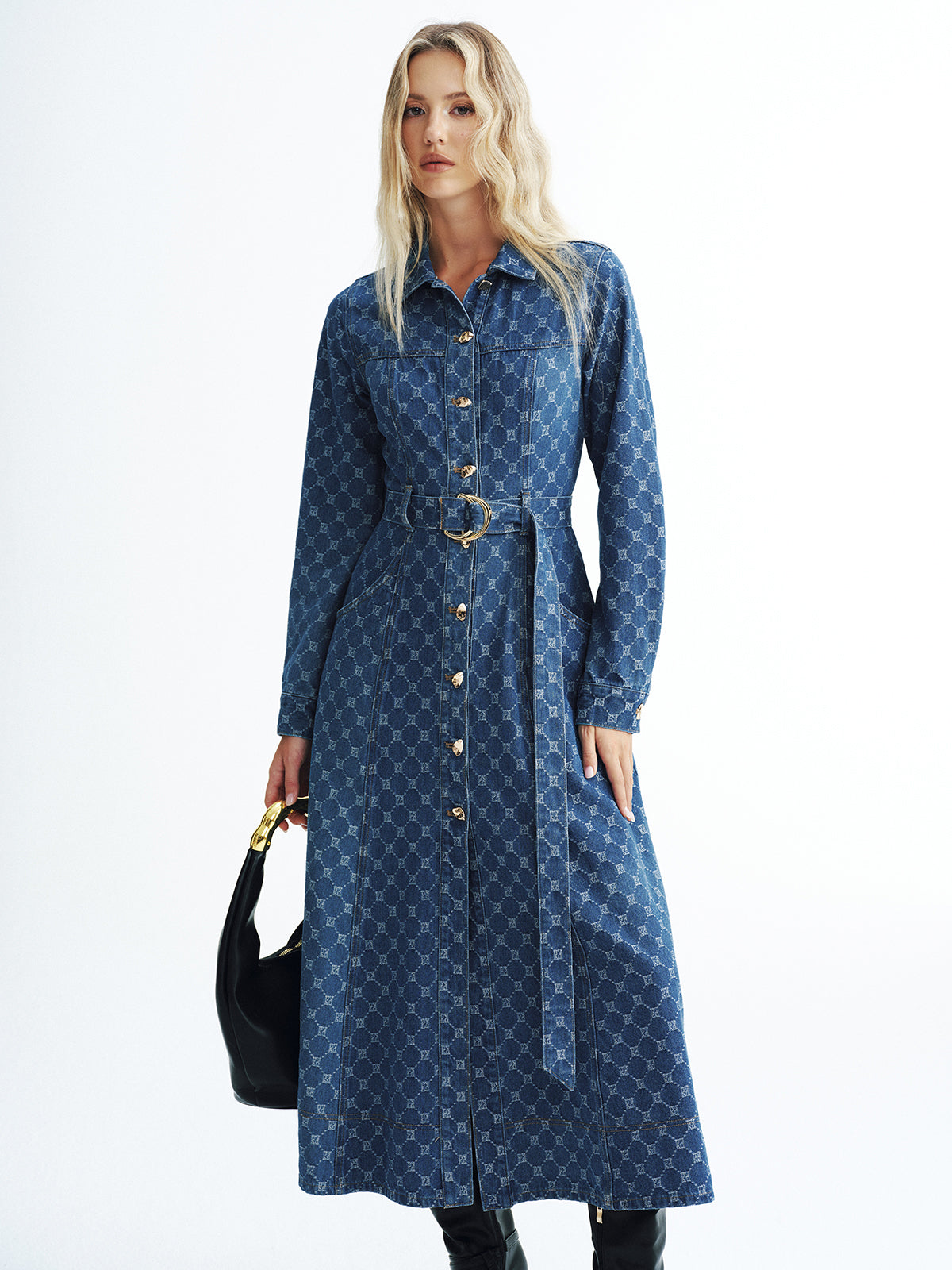 Printed Denim Belted Midi Shirt Dress