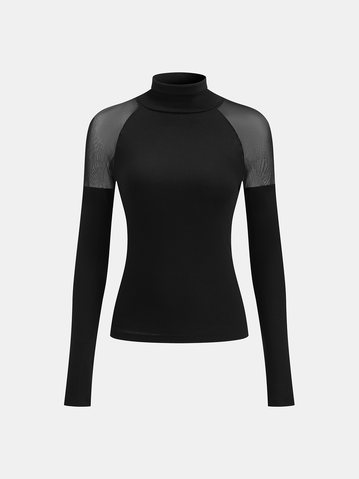Sheer Mesh Shoulder Turtleneck Long Sleeve Top