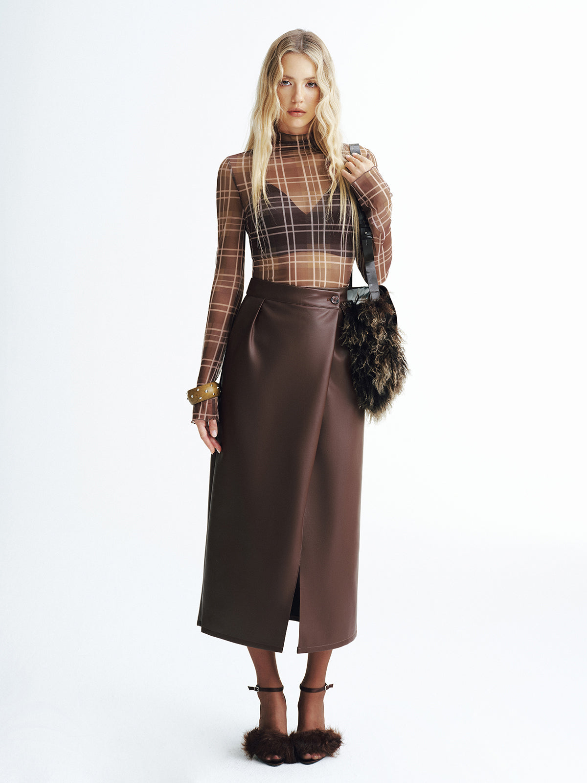 Plaid Mesh Turtleneck Blouse