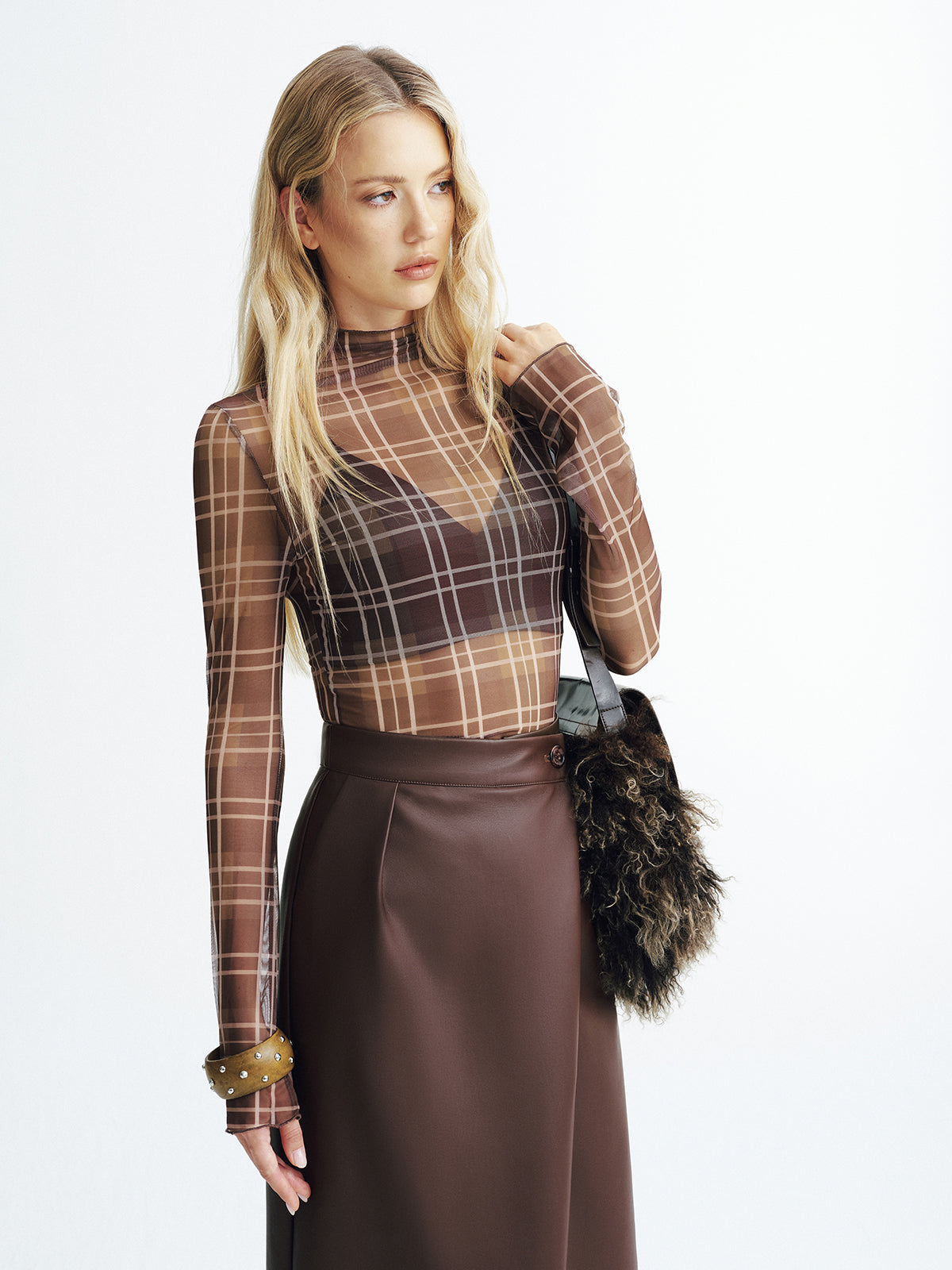 Chemisier Col Roulé en Plaid Transparent