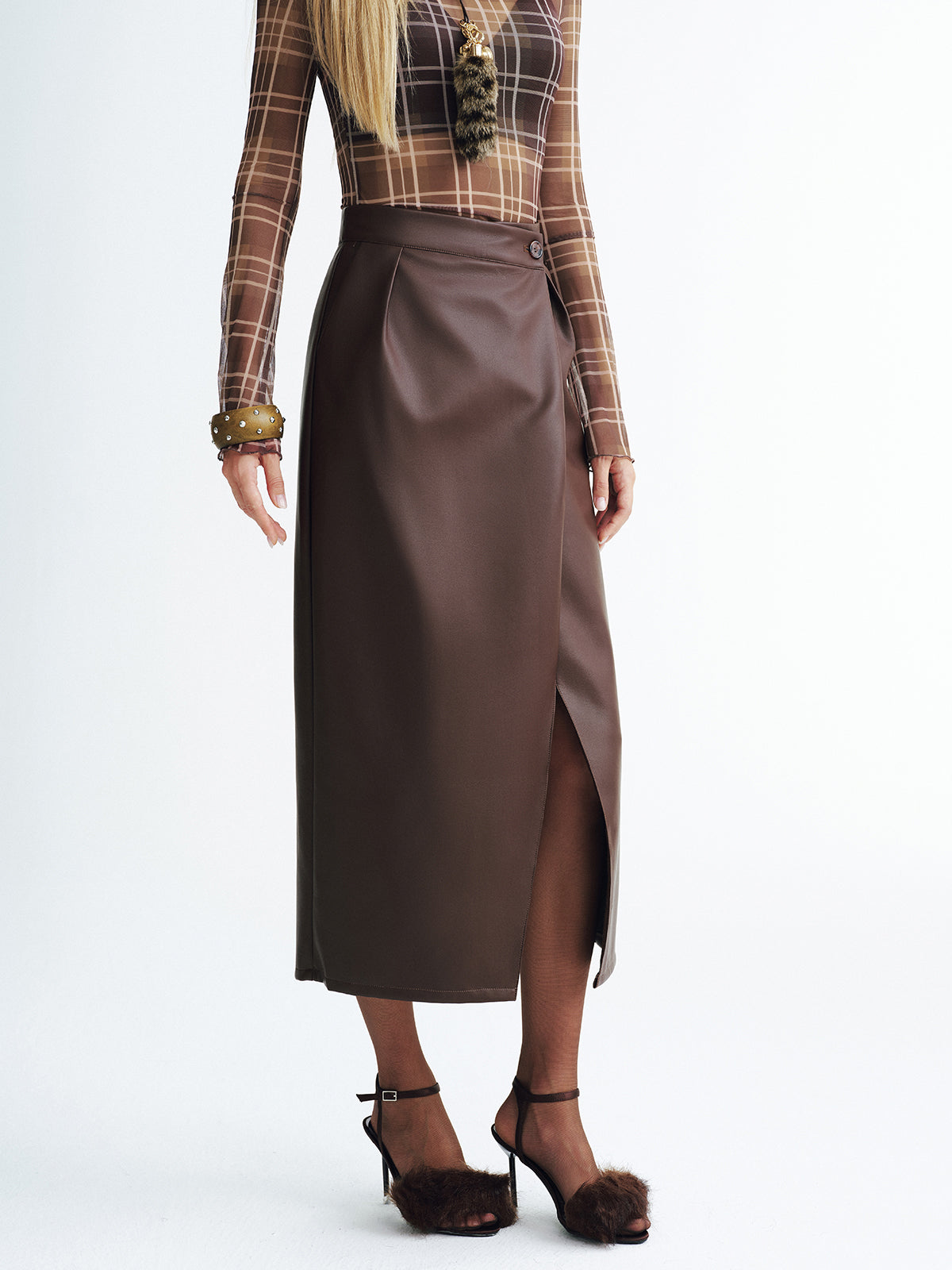 Faux Leather Slit Midi Skirt