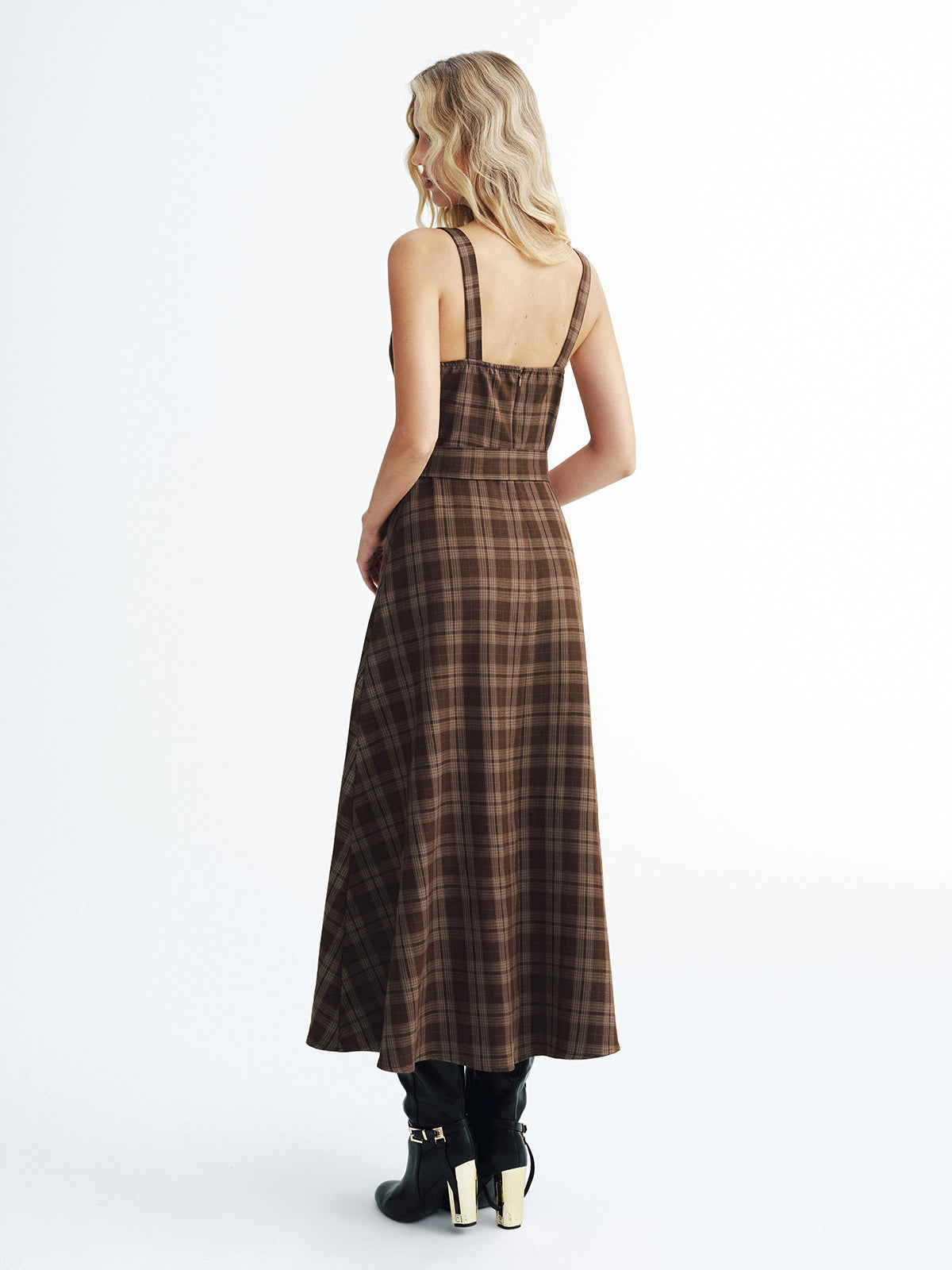 Robe longue sans manches écossaise ceinturée