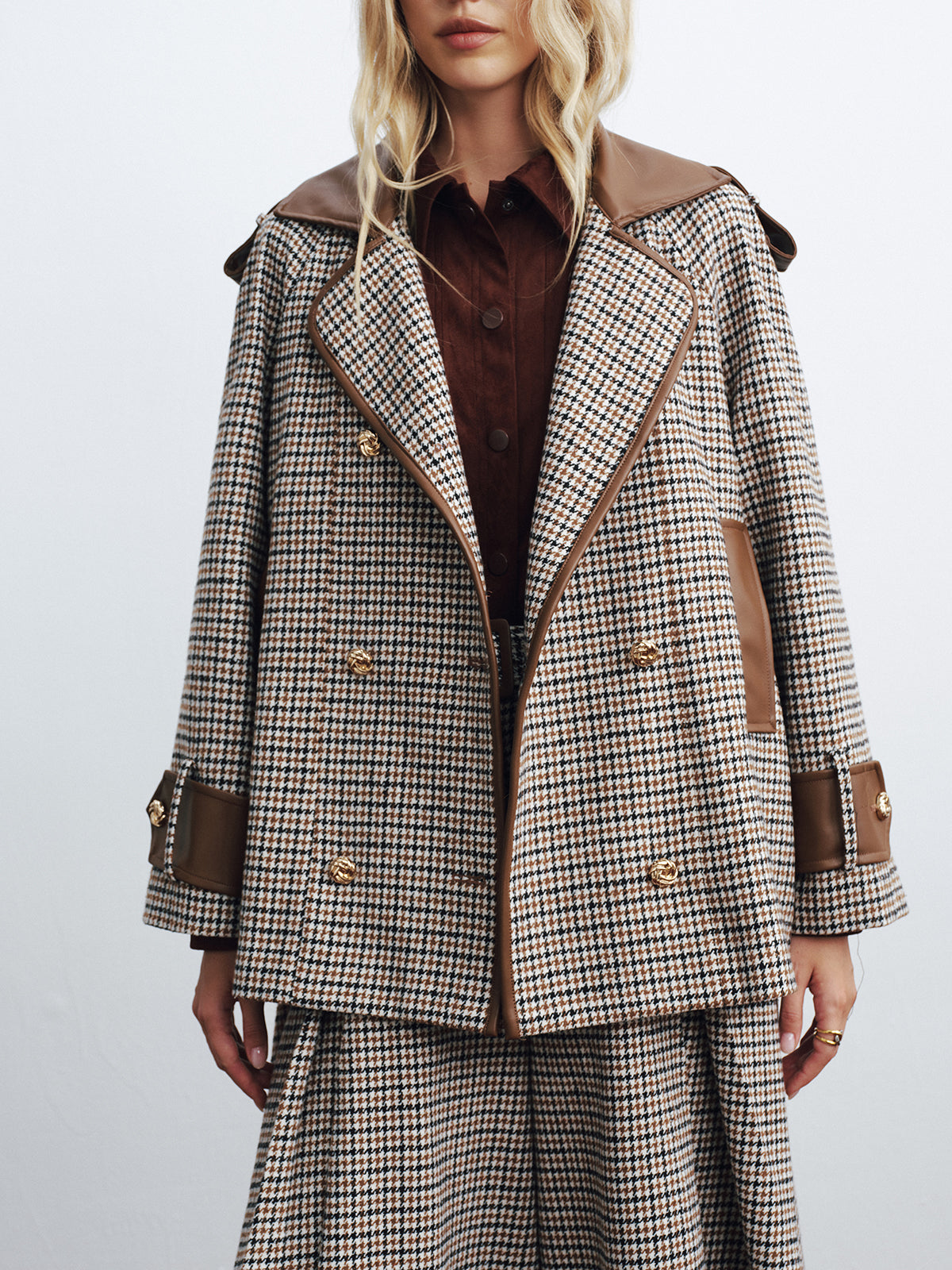 Faux Leather Trim Belted Houndstooth Coat