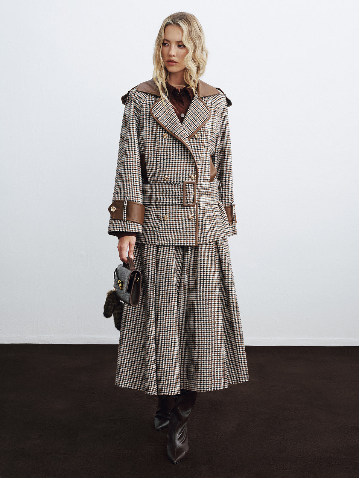 Faux Leather Trim Belted Houndstooth Coat