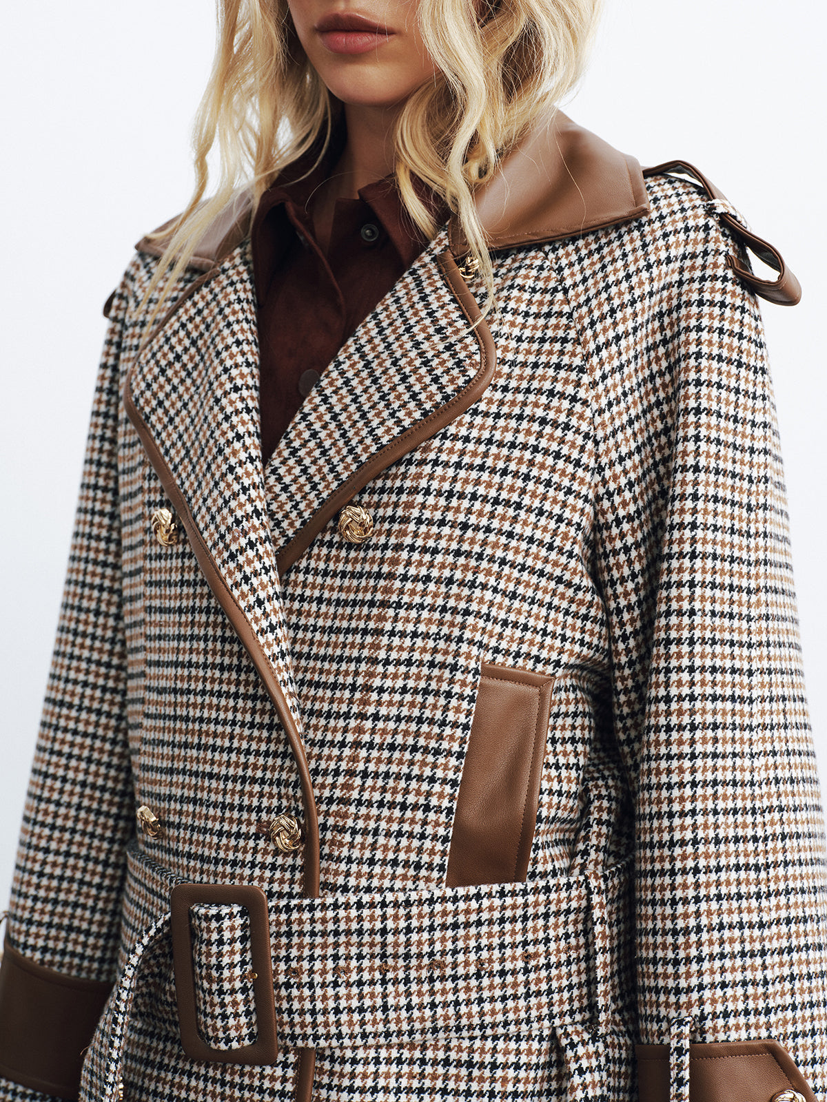 Faux Leather Trim Belted Houndstooth Coat