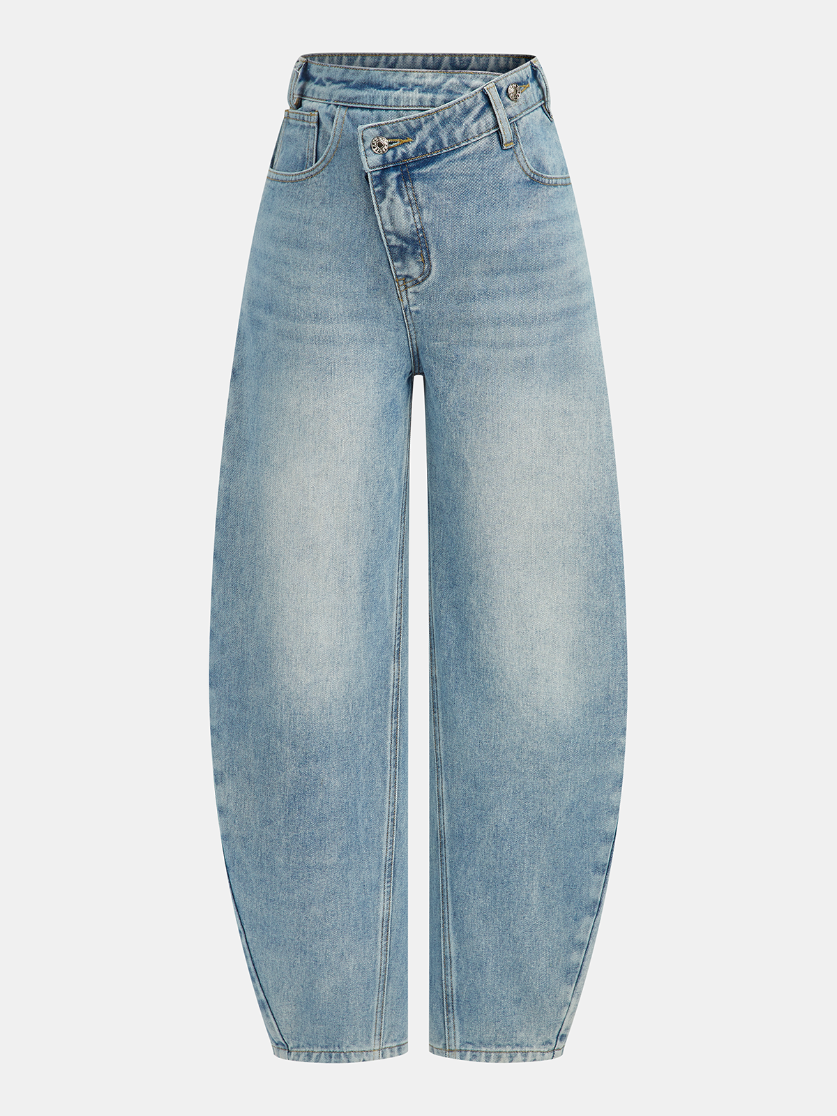High-Waist-Denim-Jeans mit asymmetrisch geschwungenem Bein