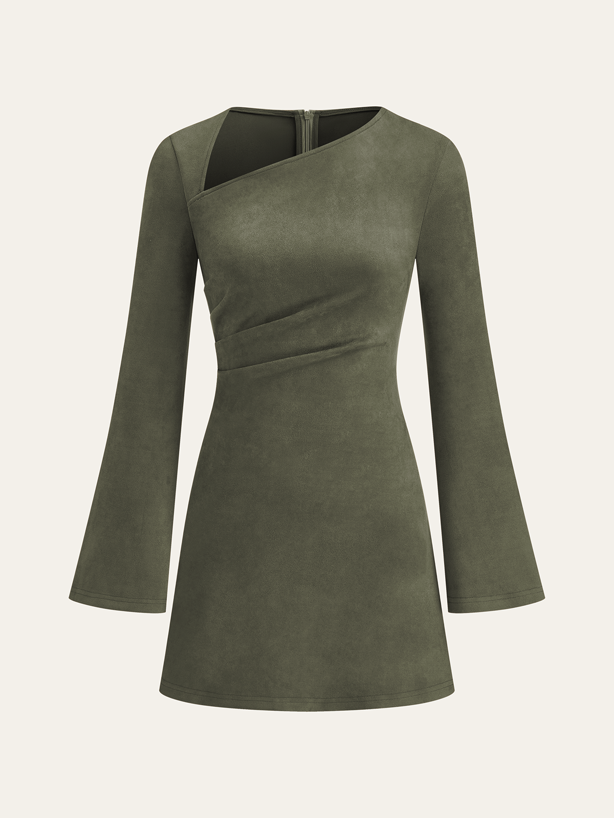 Asymmetrical Ruched Long Sleeve Suede Effect Mini Dress