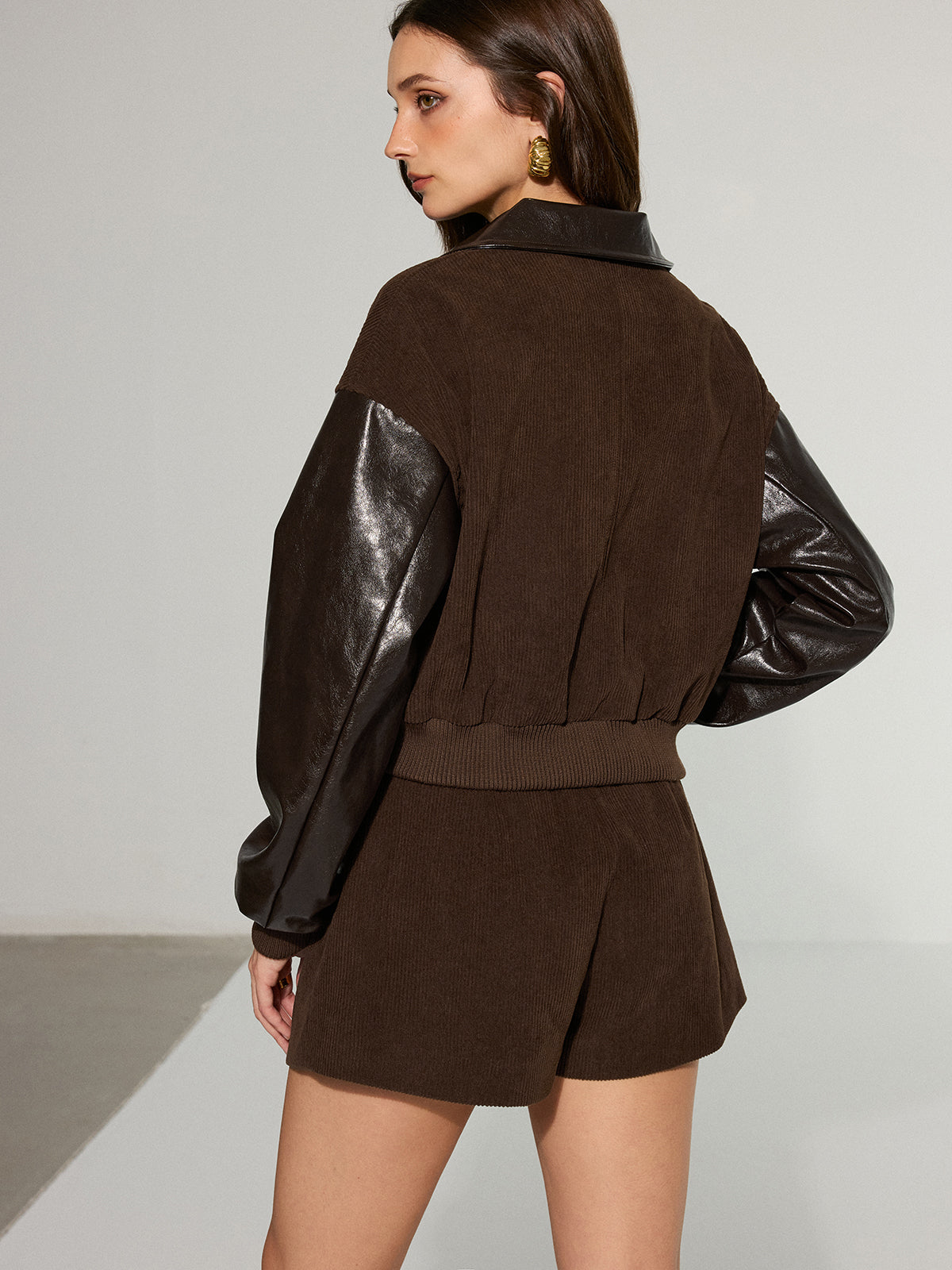 Faux Leather Panel Corduroy Zip-Up Jacket