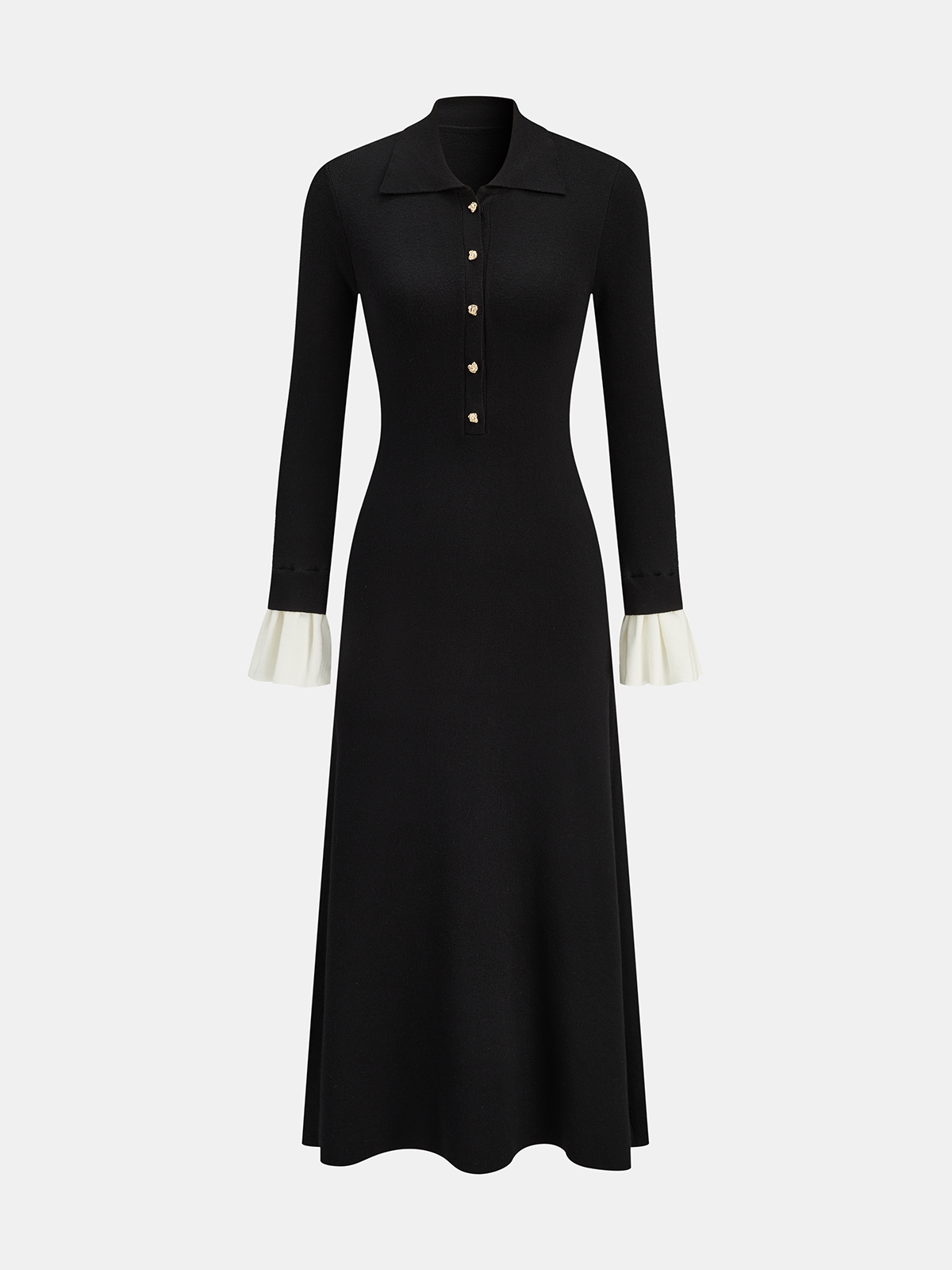 Contrast Cuff Collared Knit Maxi Dress