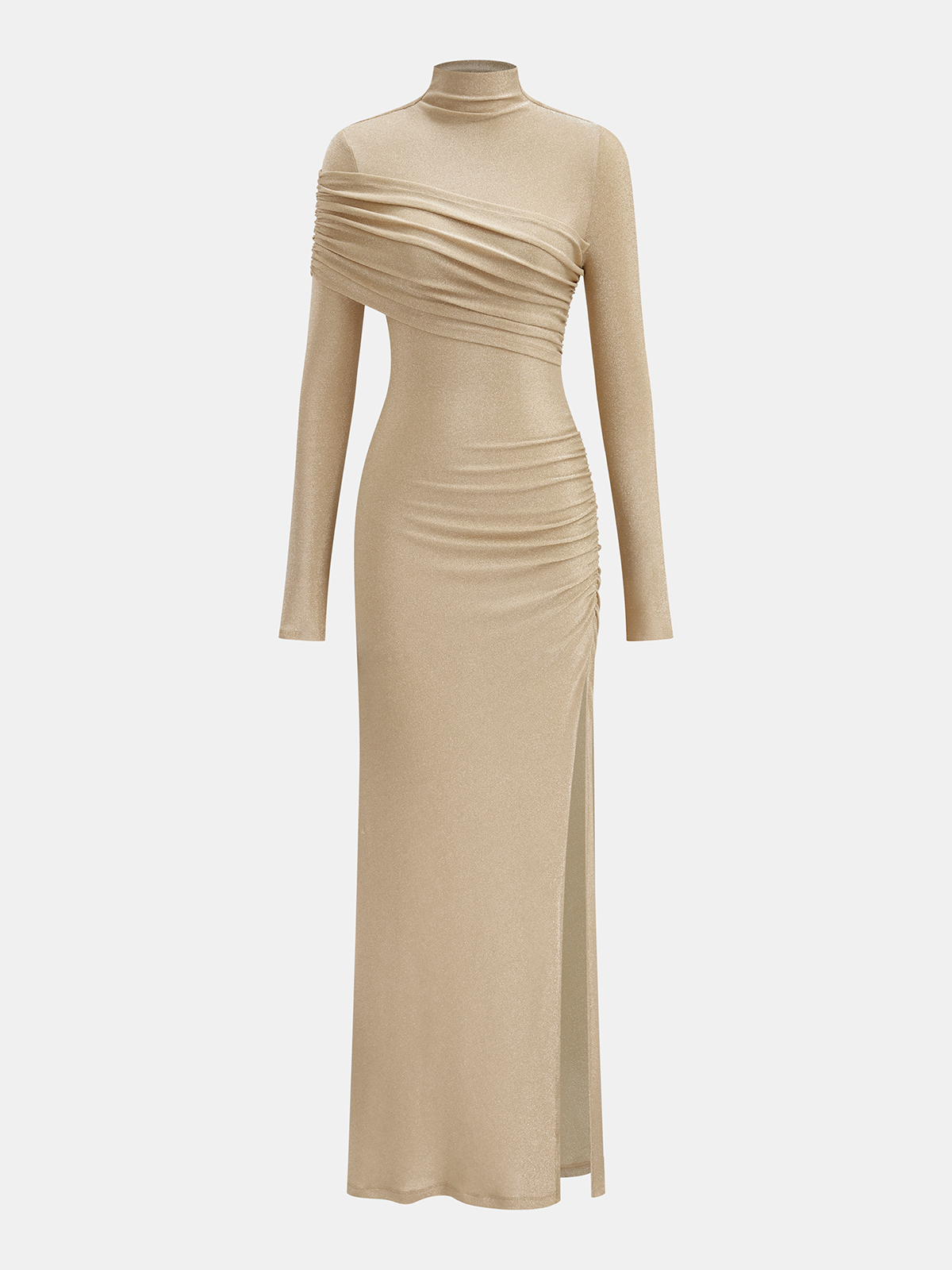 Mock Neck Ruched Slit Maxi Dress