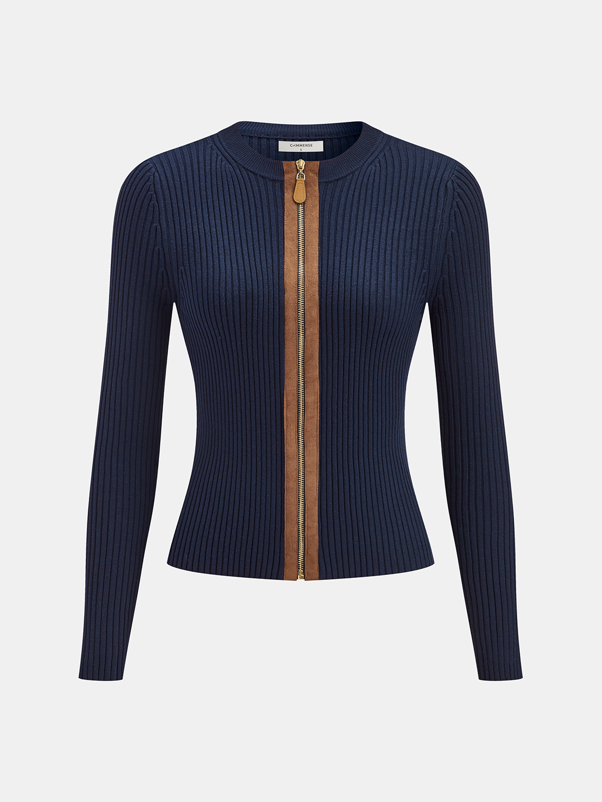 Zip-Front Suede Panel Ribbed Knit Top