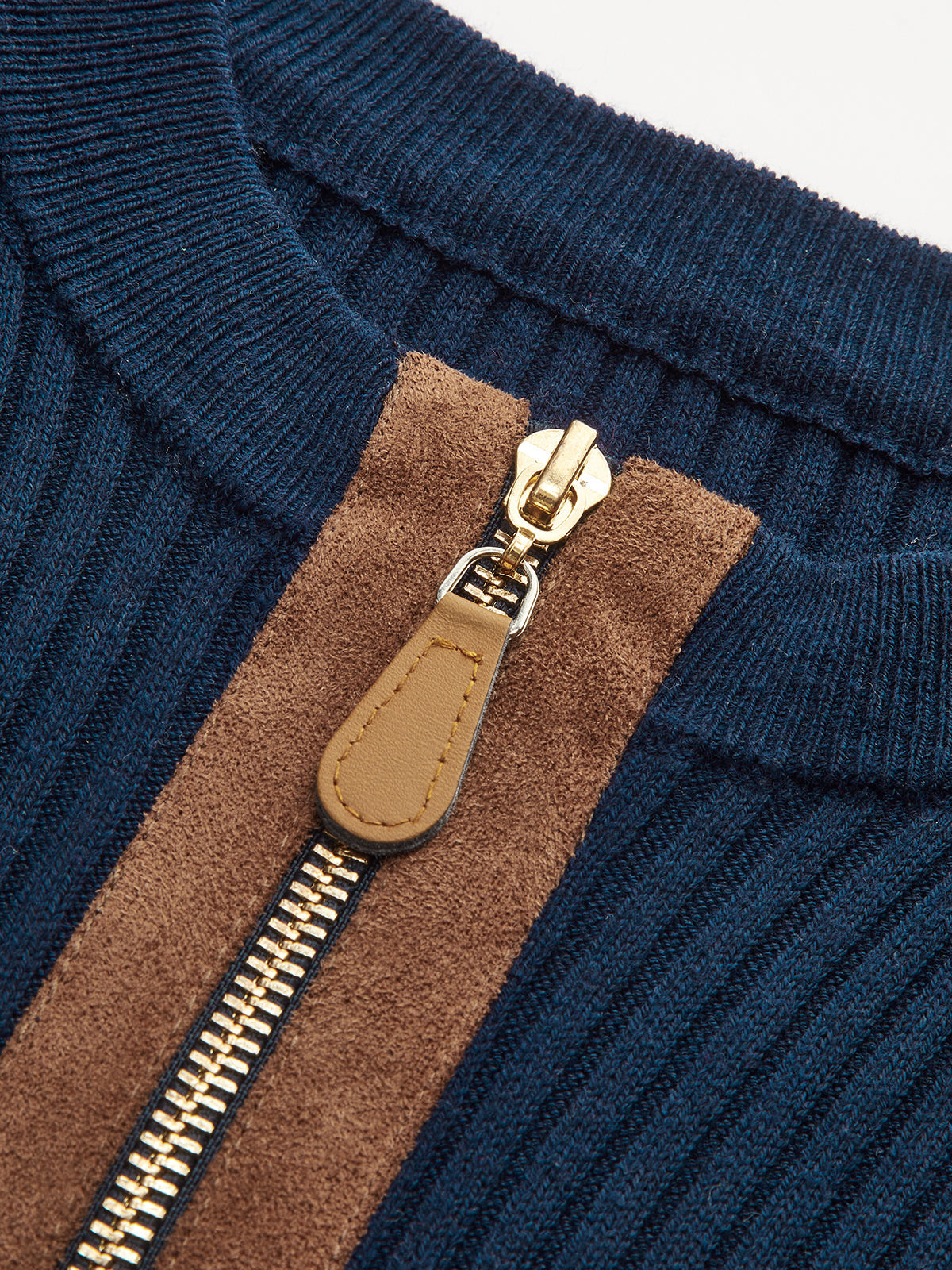 Zip-Front Suede Panel Ribbed Knit Top