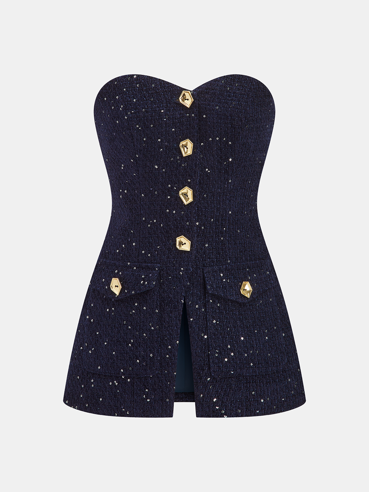 Metal Button Sequin Tweed Strapless Vest