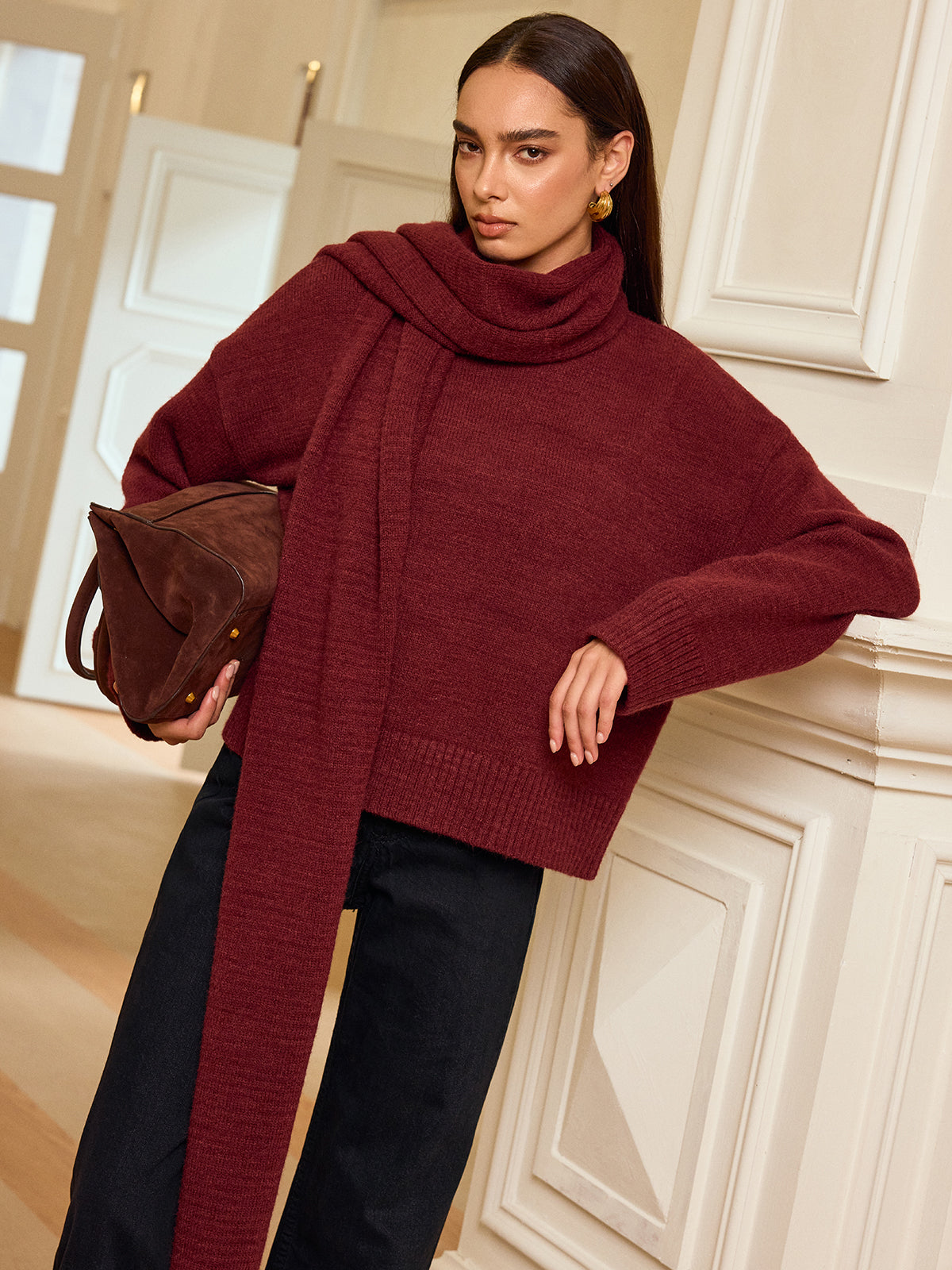 Oversized Knit Sweater with Scarf