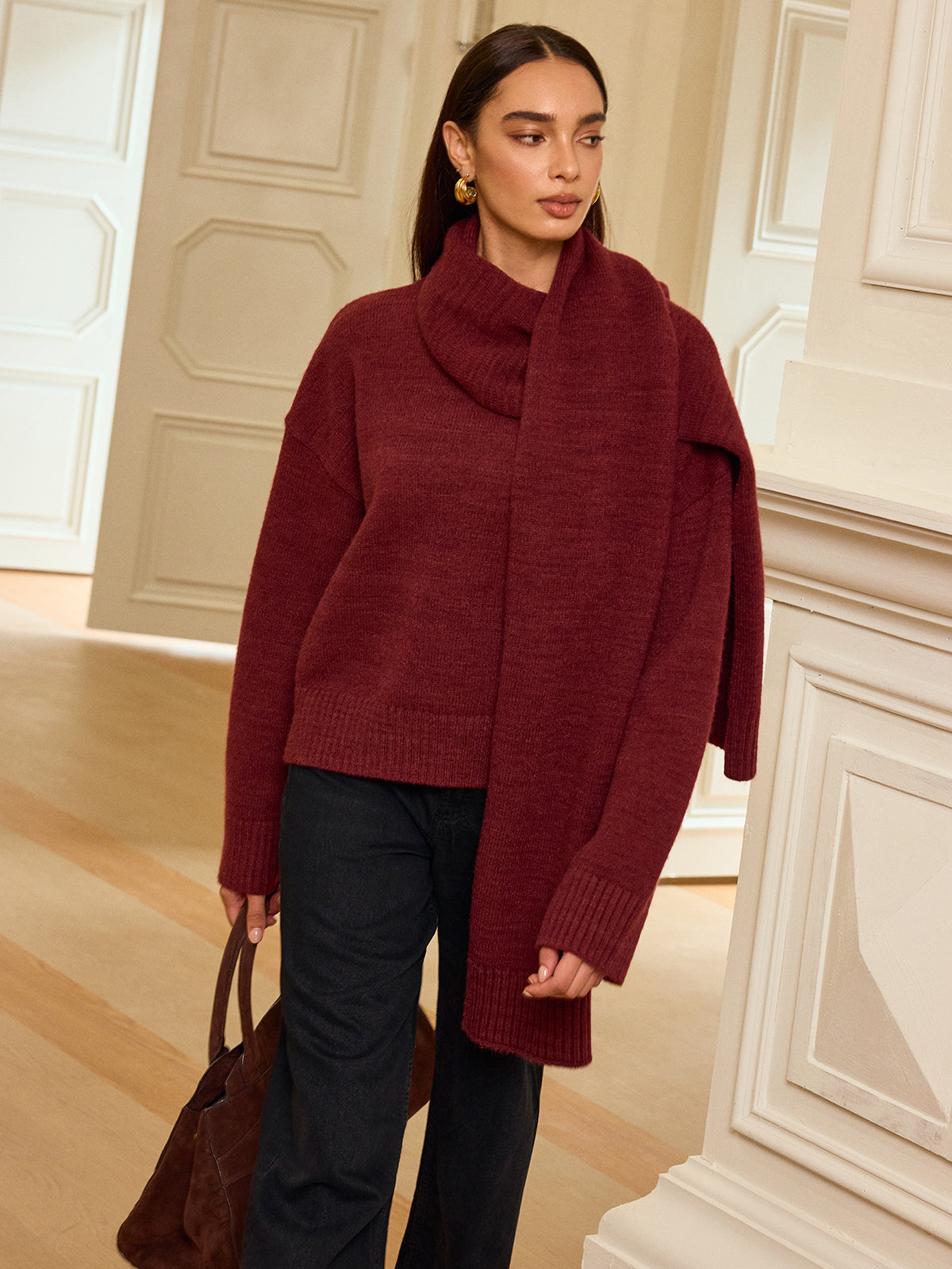 Oversized Knit Sweater with Scarf