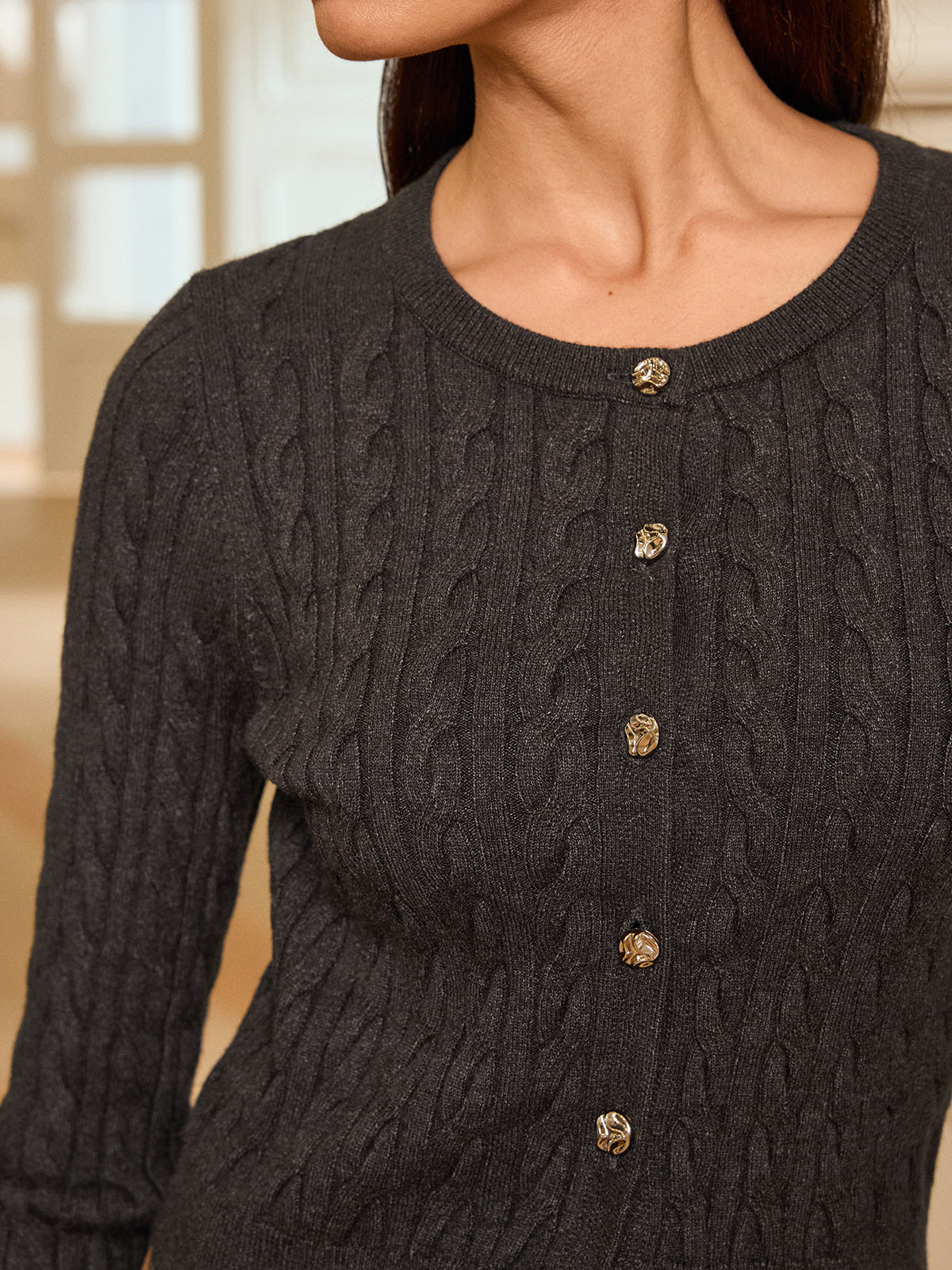 Metal Button Cable-Knit Cardigan