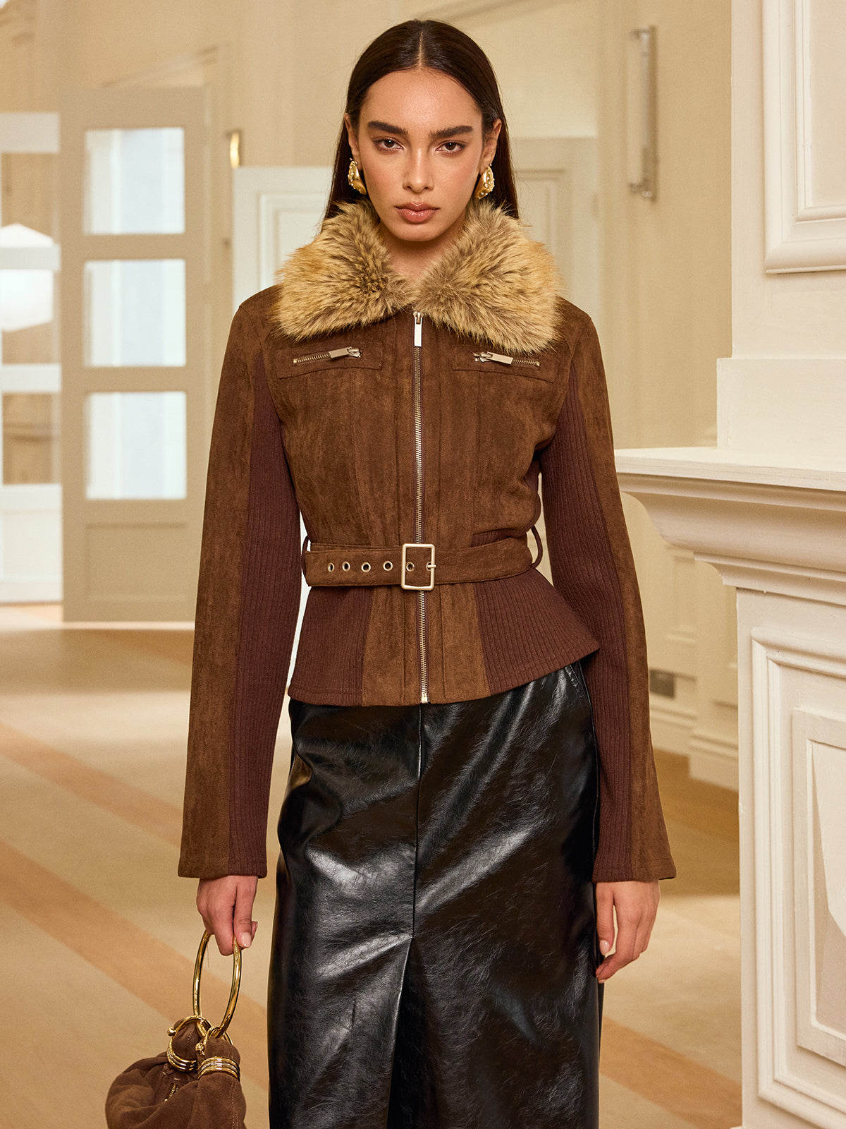 Faux Fur Collar Knit Panel Suede Effect Jacket