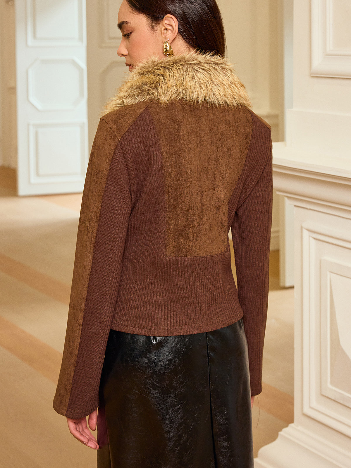 Faux Fur Collar Knit Panel Suede Effect Jacket