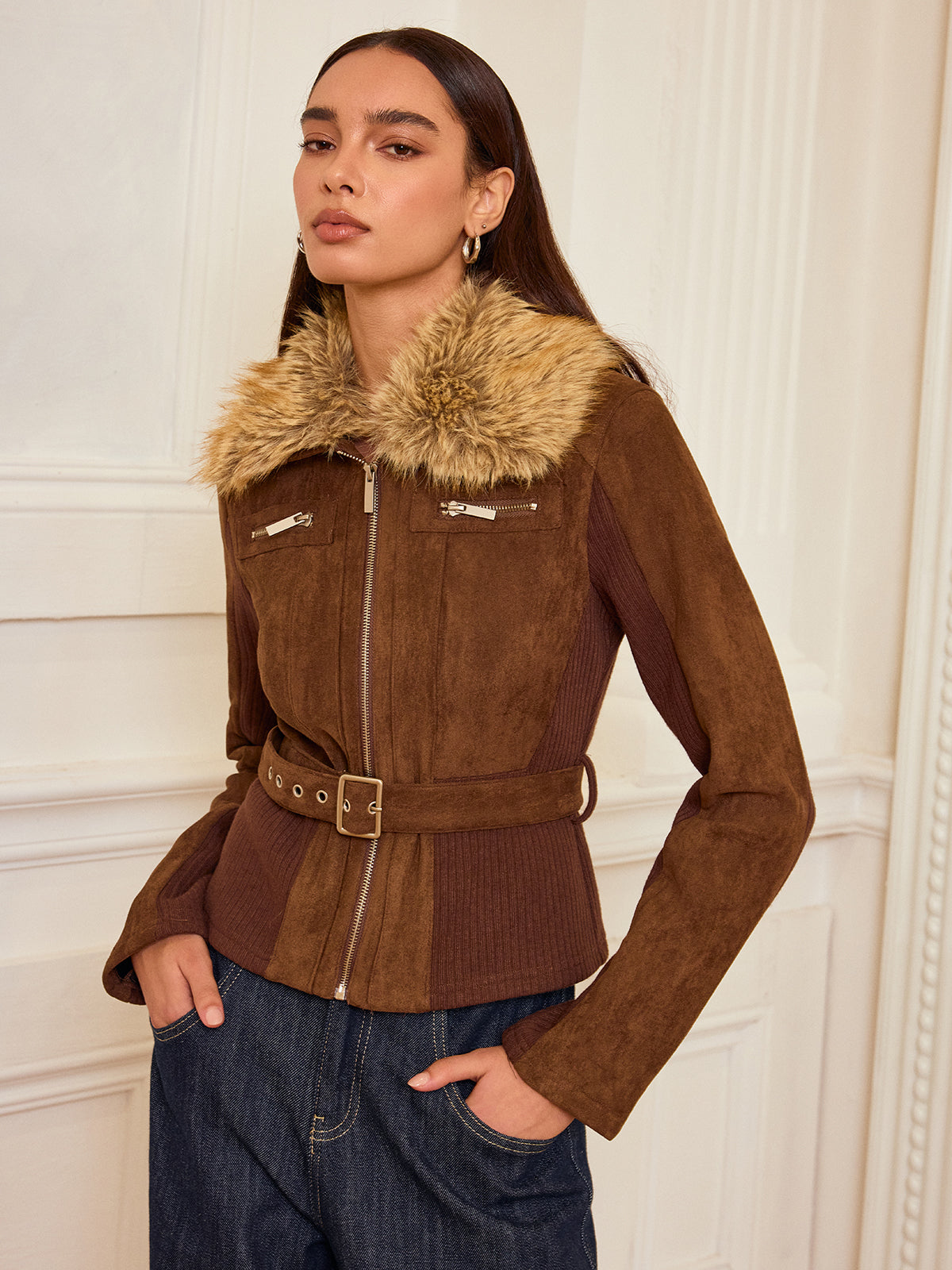 Faux Fur Collar Knit Panel Suede Effect Jacket