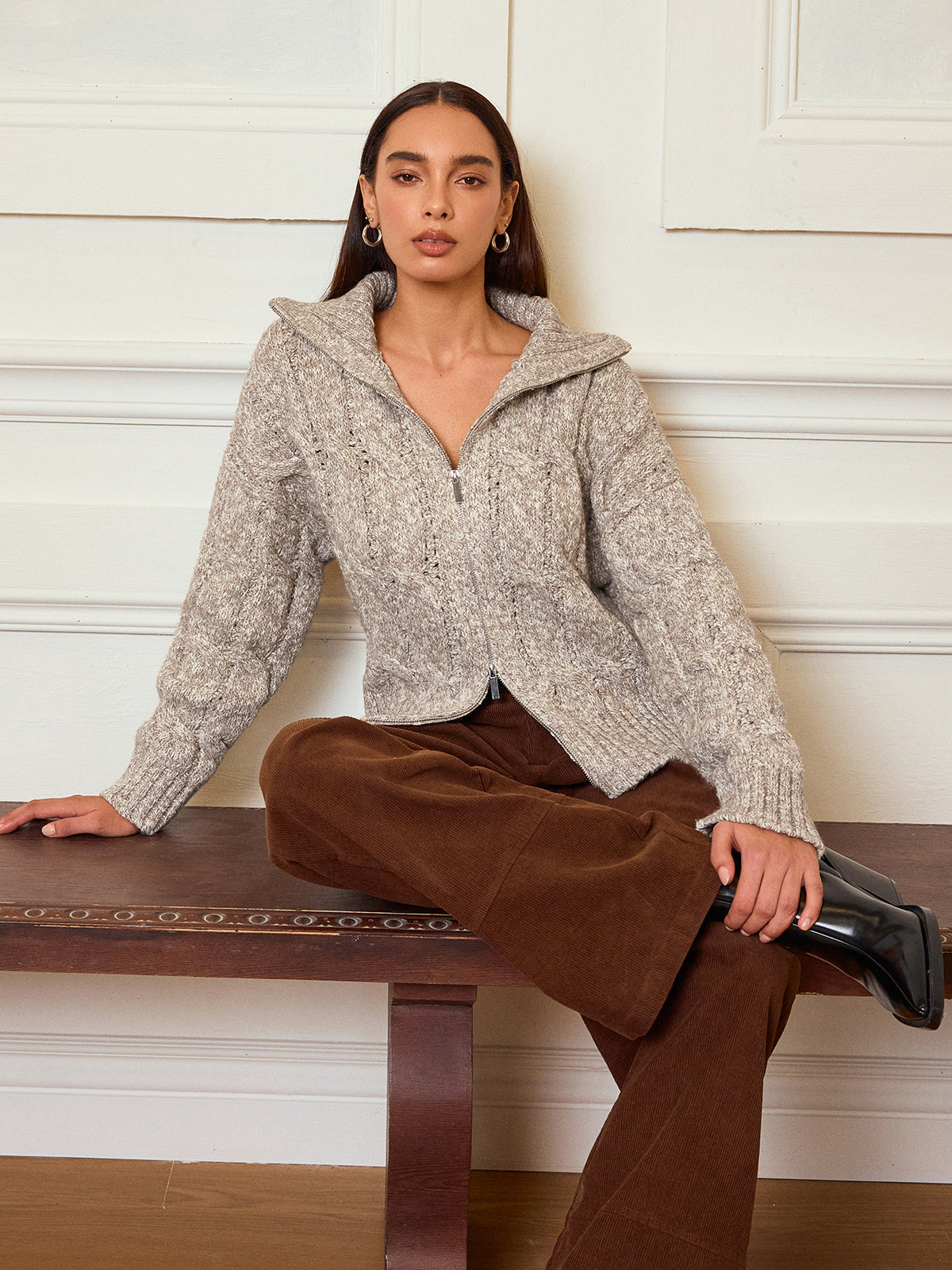 Zip-Up Cable Knit Top