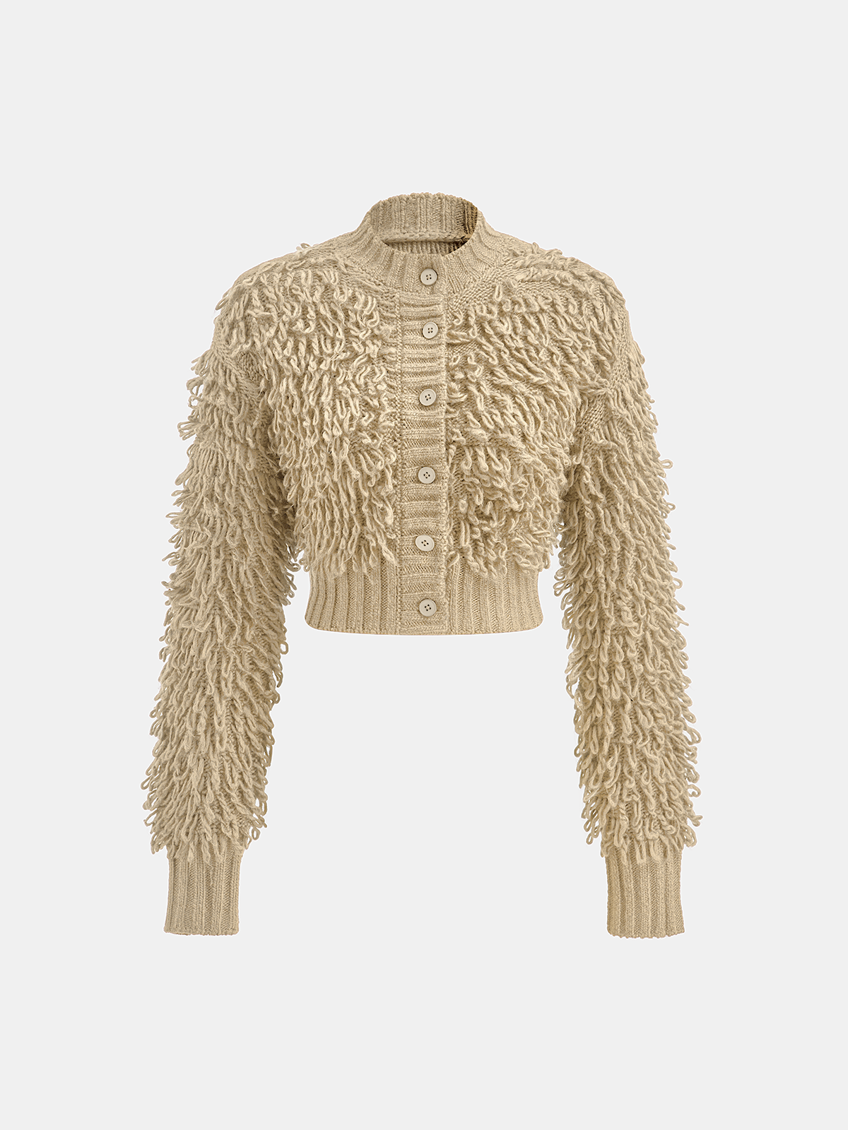 Strukturierter Strickpullover mit Fransen und Knöpfen