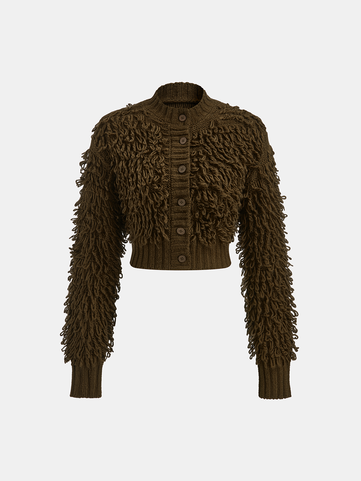 Strukturierter Strickpullover mit Fransen und Knöpfen