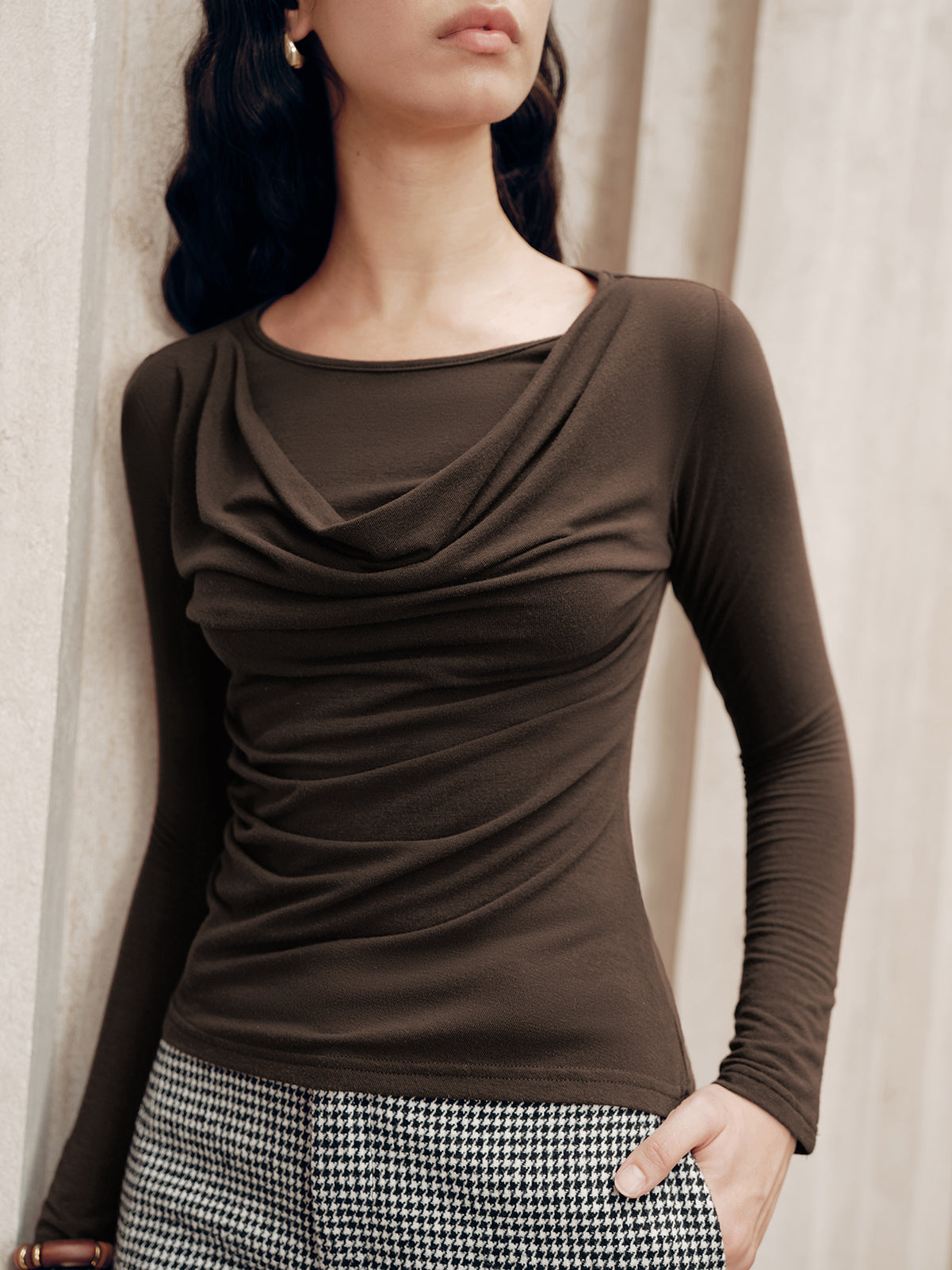 Long Sleeve Draped Crew Neck Top