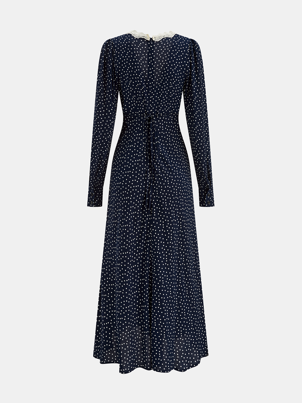 Gepunktetes Maxikleid mit V-Ausschnitt und Spitzenborte