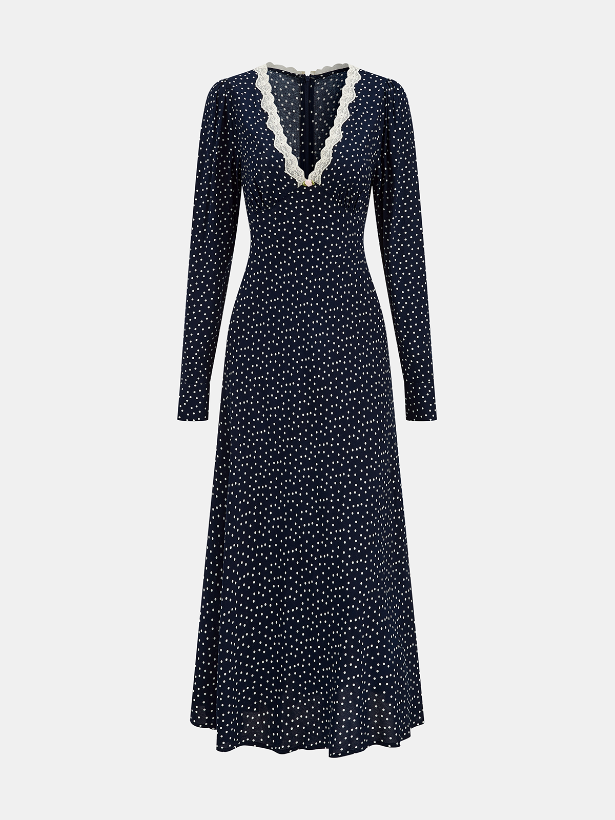 Gepunktetes Maxikleid mit V-Ausschnitt und Spitzenborte