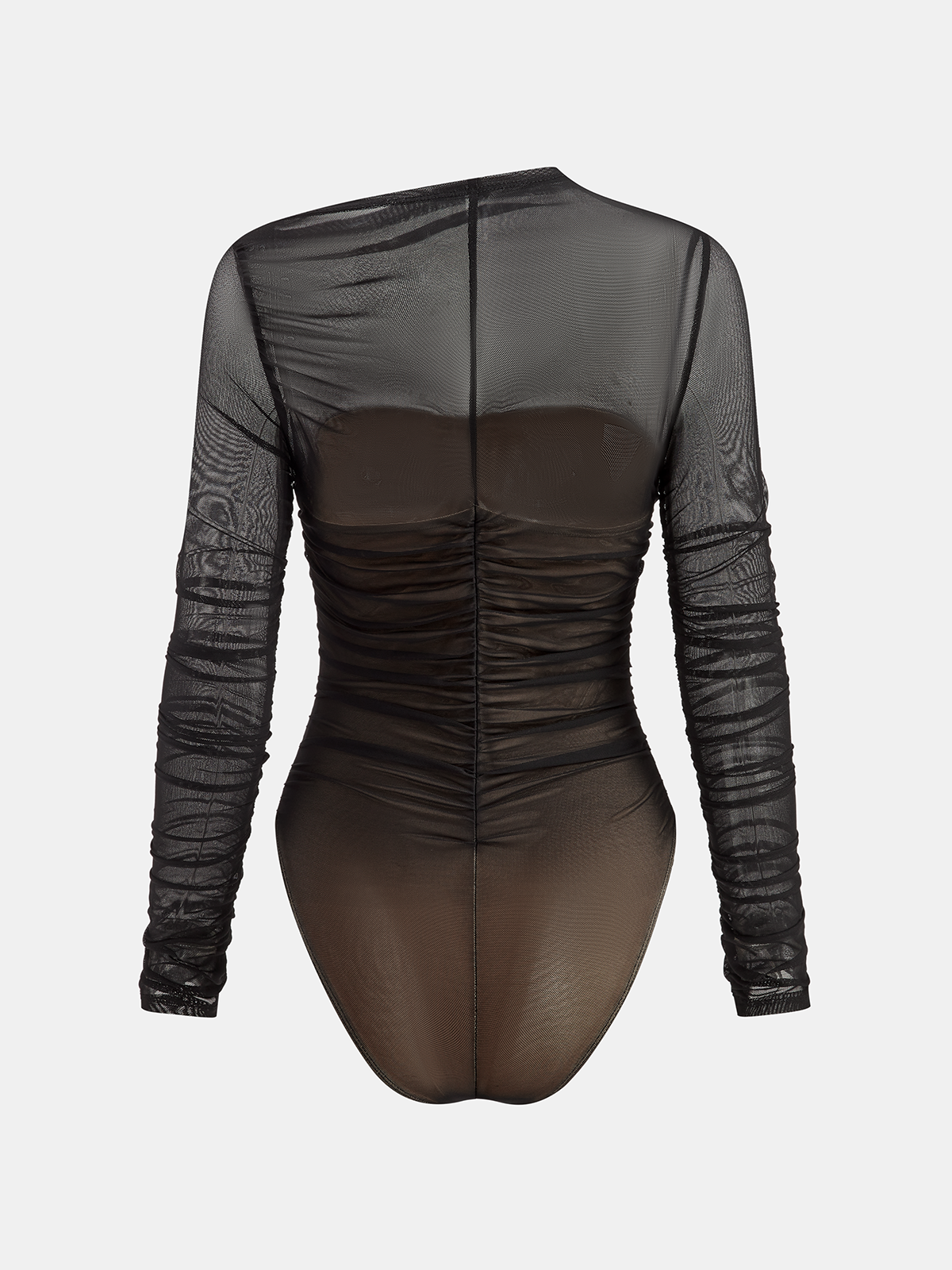 Sheer Mesh Ruched Long Sleeve Bodysuit