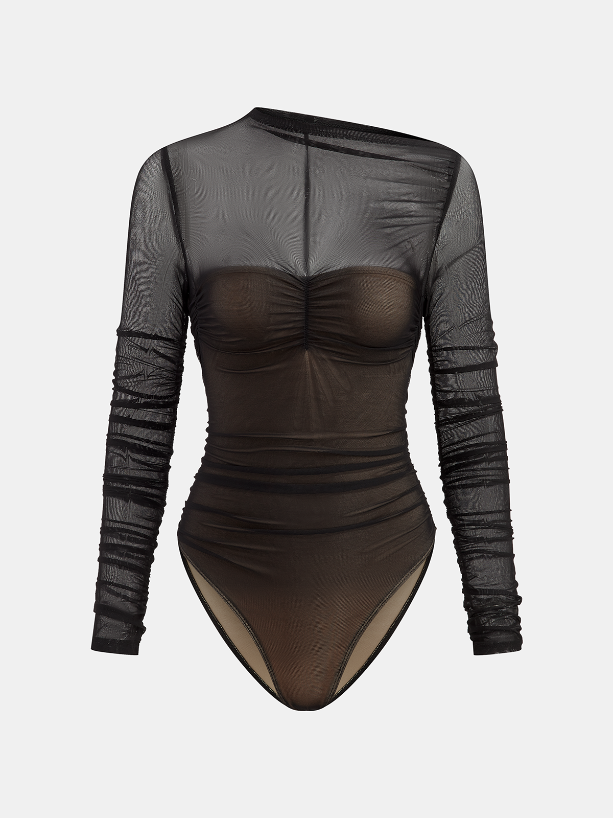 Sheer Mesh Ruched Long Sleeve Bodysuit