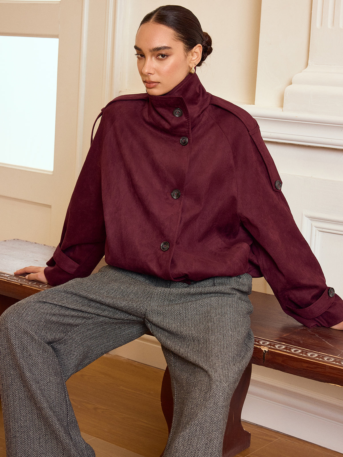 Suede Effect Cropped Trench Jacket