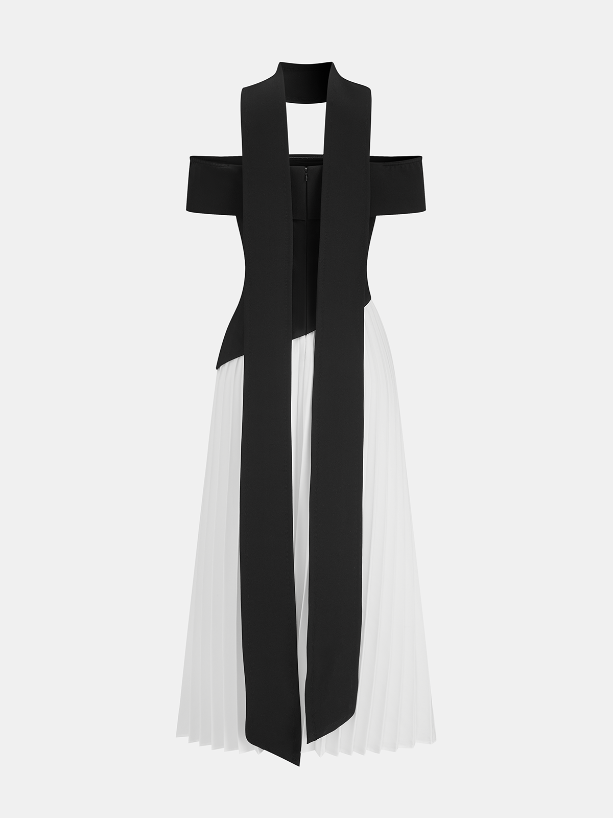 Robe longue plissée épaules dénudées color-block
