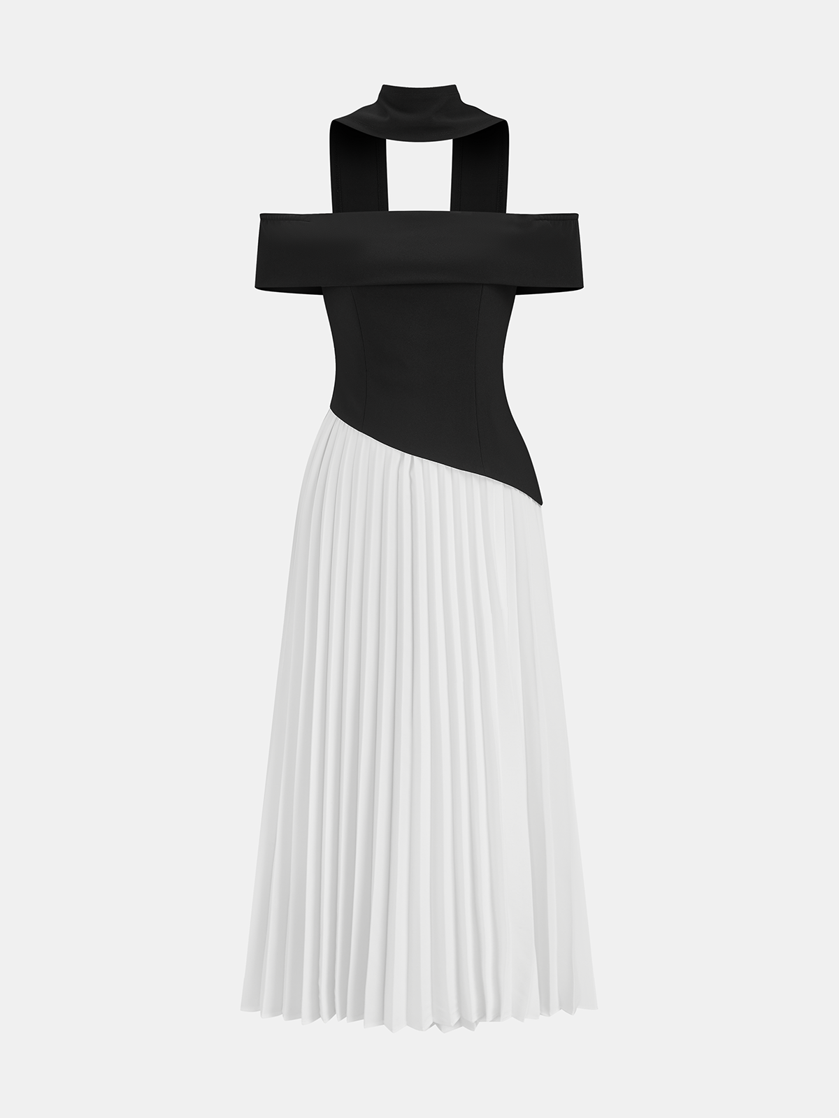 Robe longue plissée épaules dénudées color-block