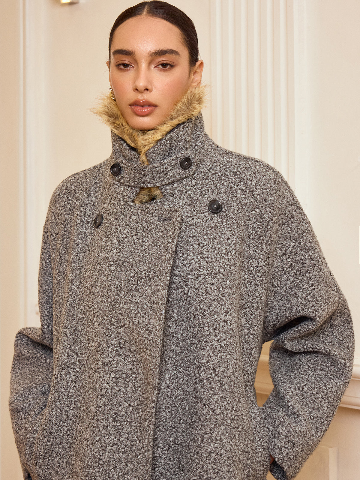 Belted Faux Fur Collar Tweed Coat