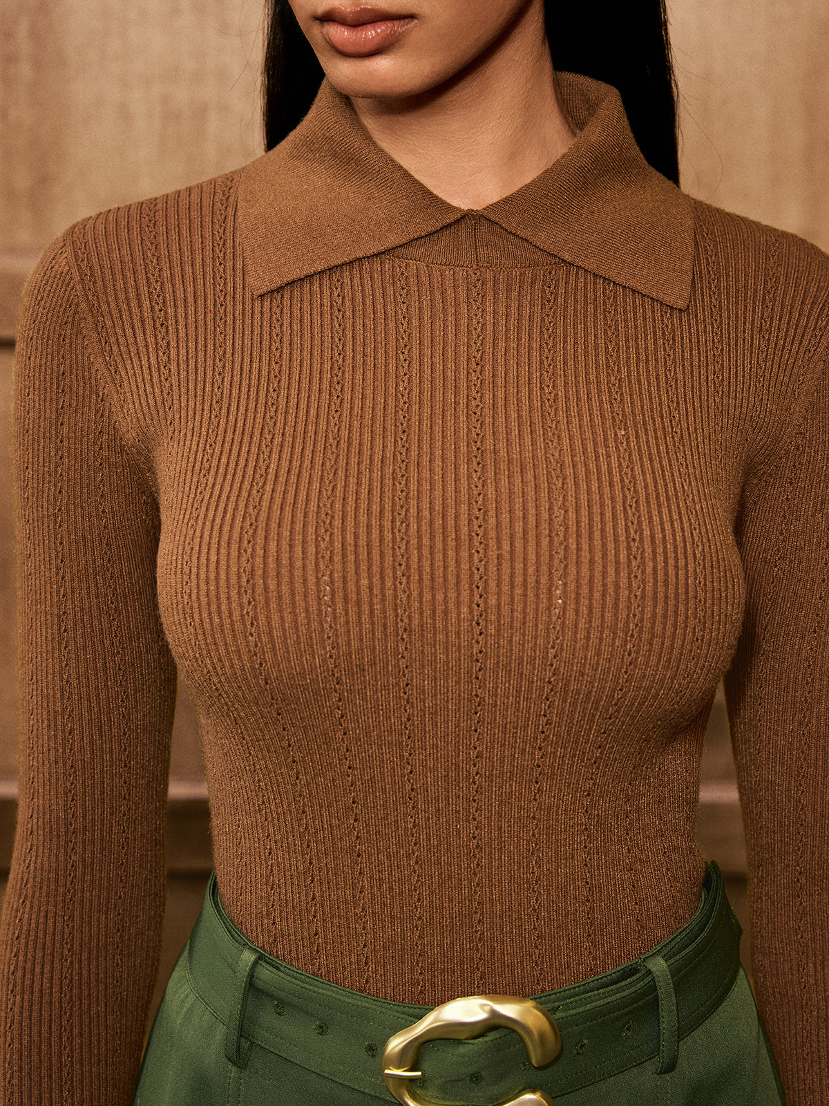 Wool Blend Collared Long Sleeve Knit Top