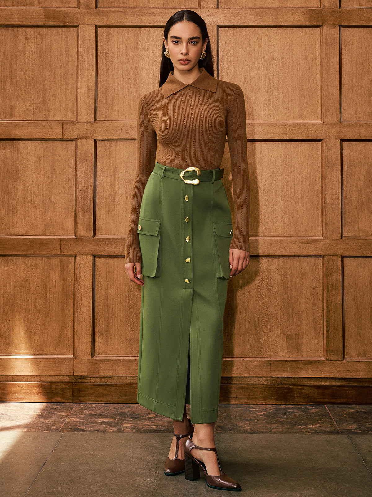 Metal Button Belted Slit Maxi Skirt