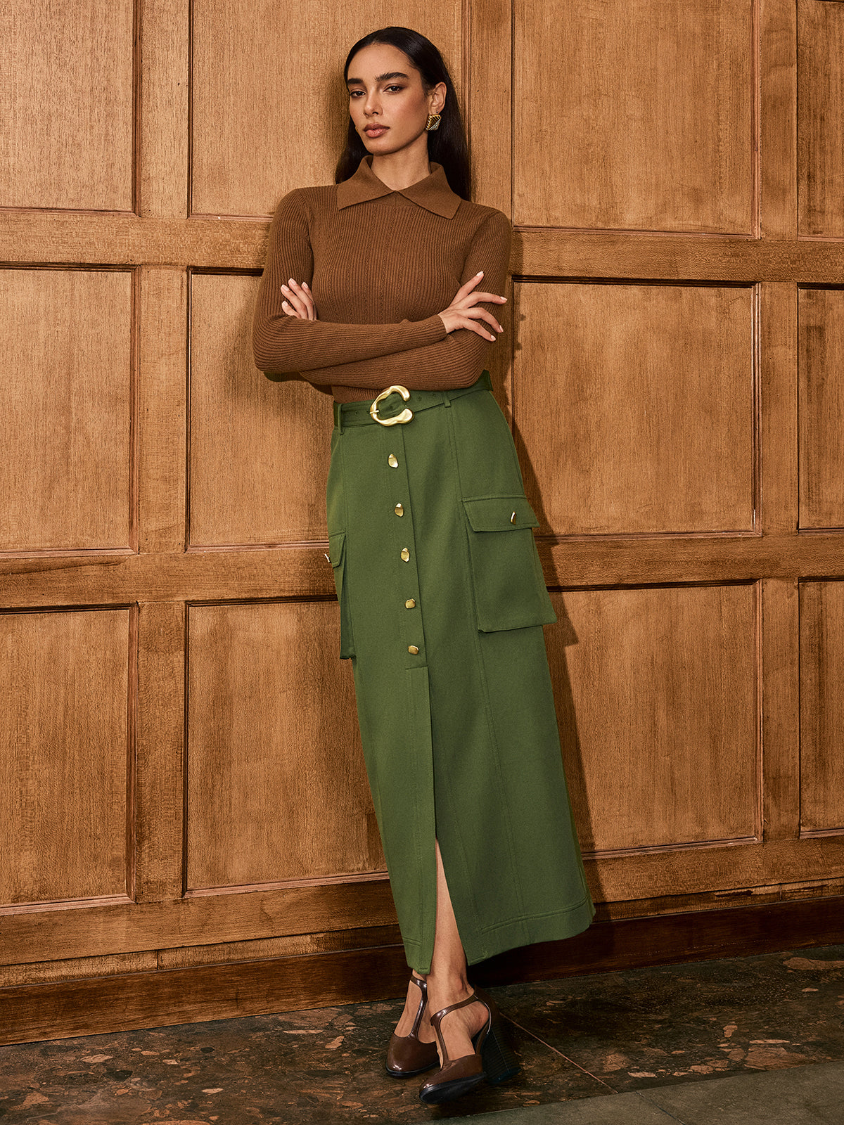 Metal Button Belted Slit Maxi Skirt