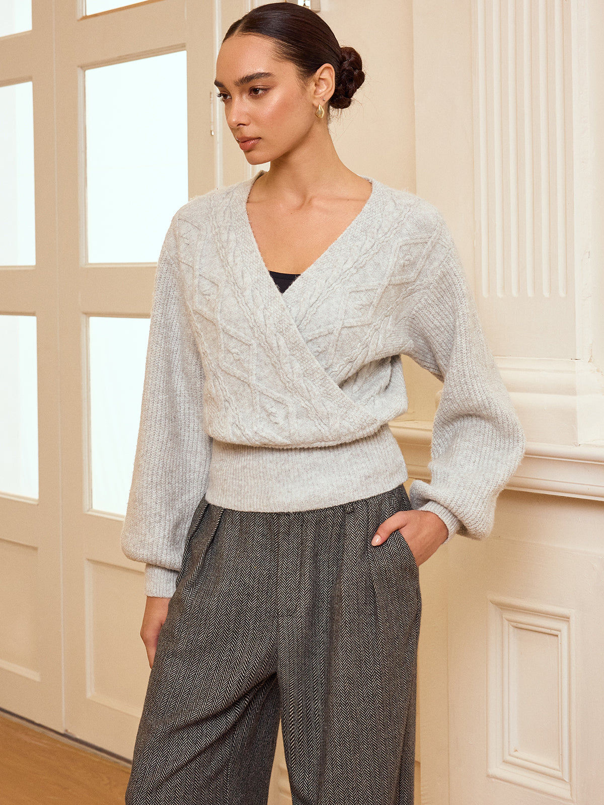 Cable Knit Wrap V-Neck Balloon Sleeve Sweater