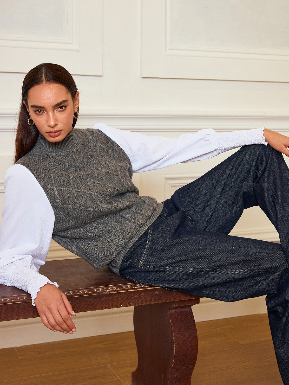 Leg-Of-Mutton Sleeve Panel Cable-Knit Sweater