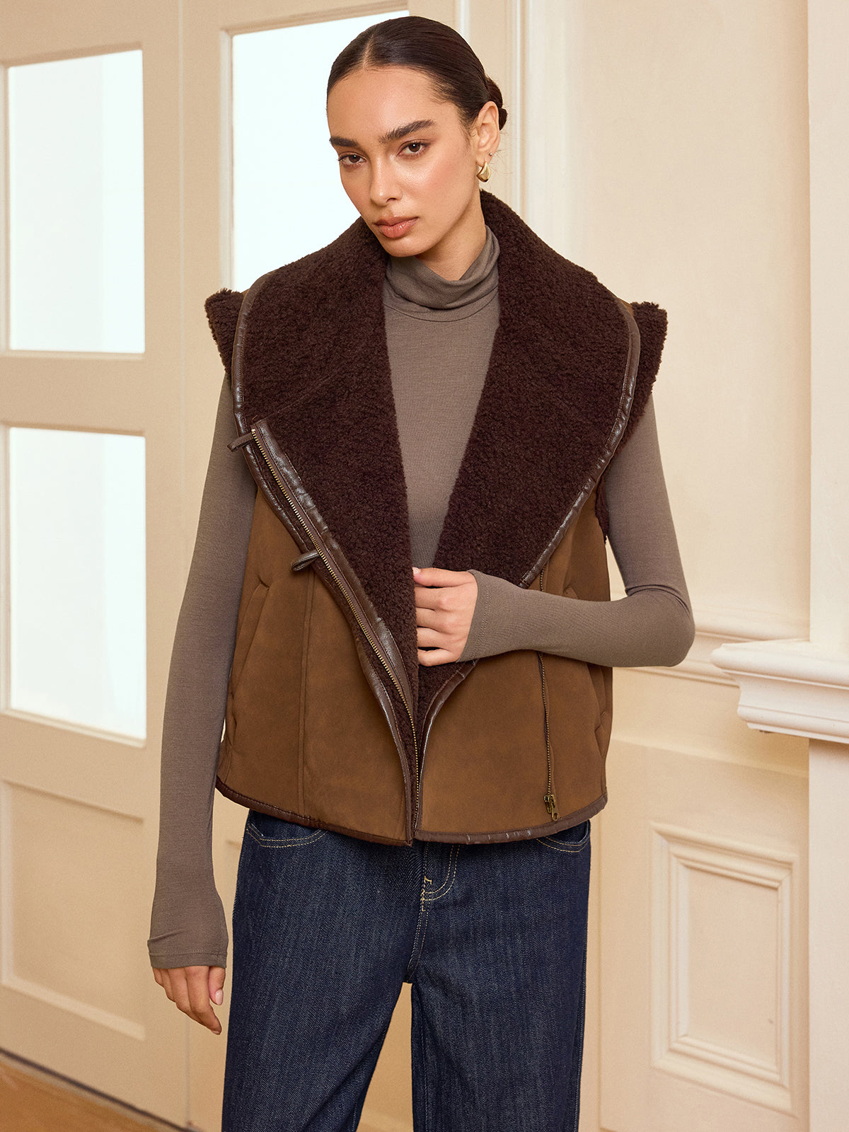 Collared Zip-Up Shearling Vest