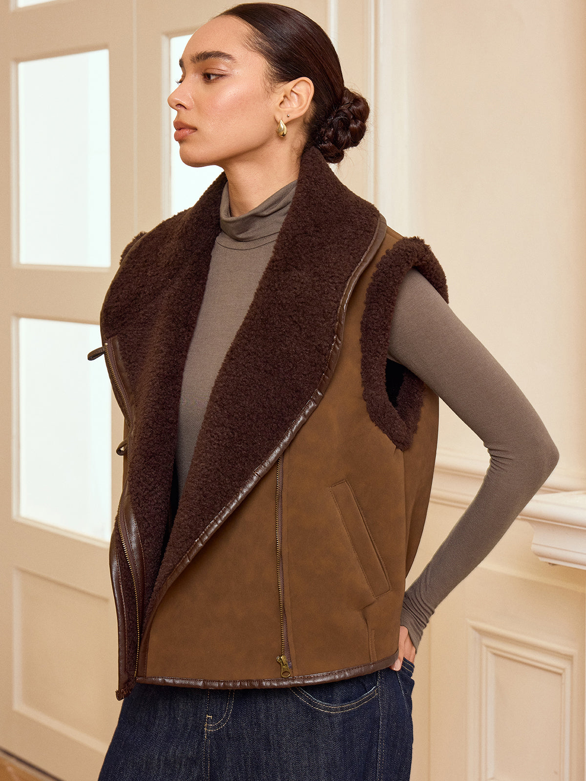 Collared Zip-Up Shearling Vest